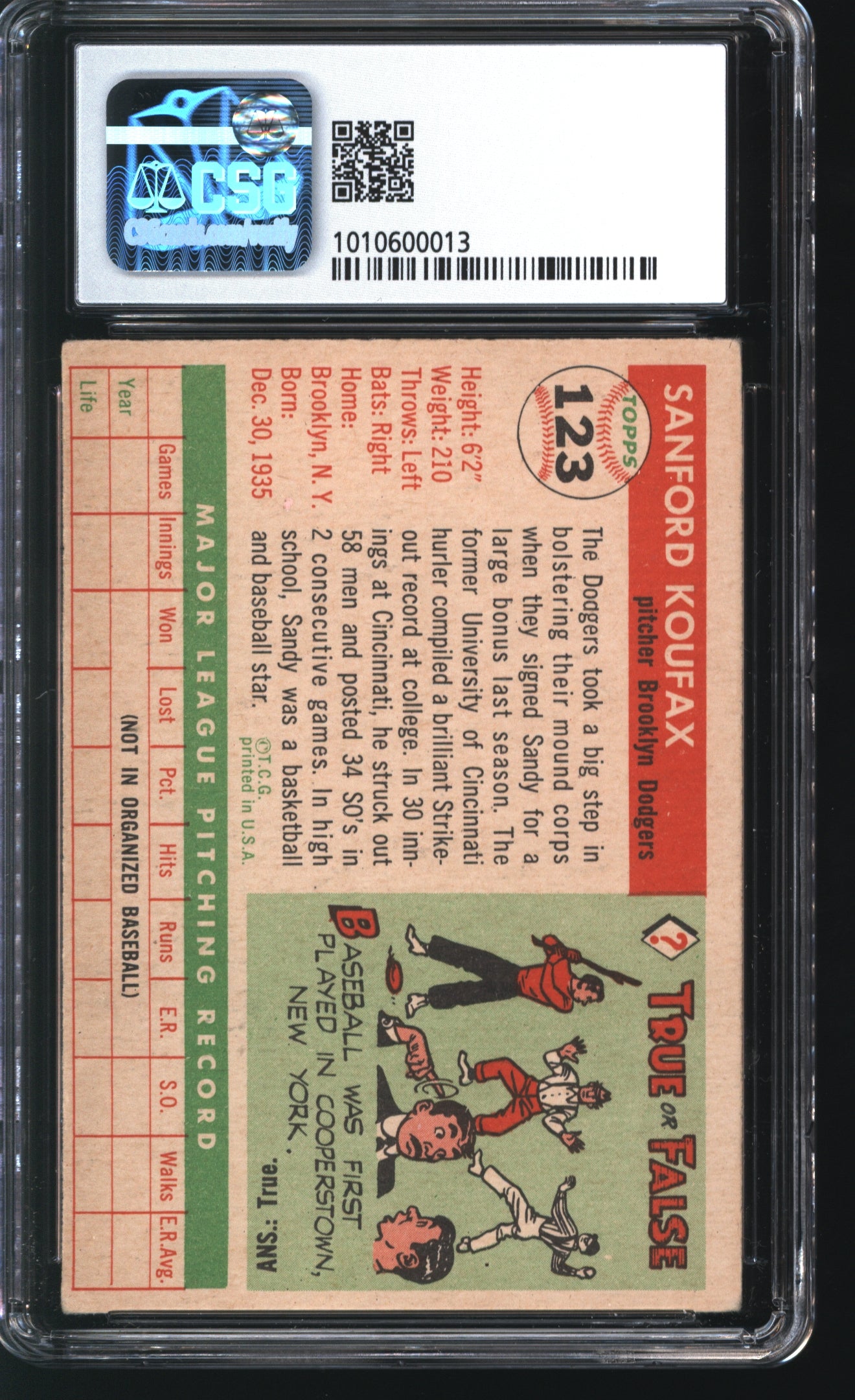 1955 Topps Sandy Koufax #123 Graded CSG 5