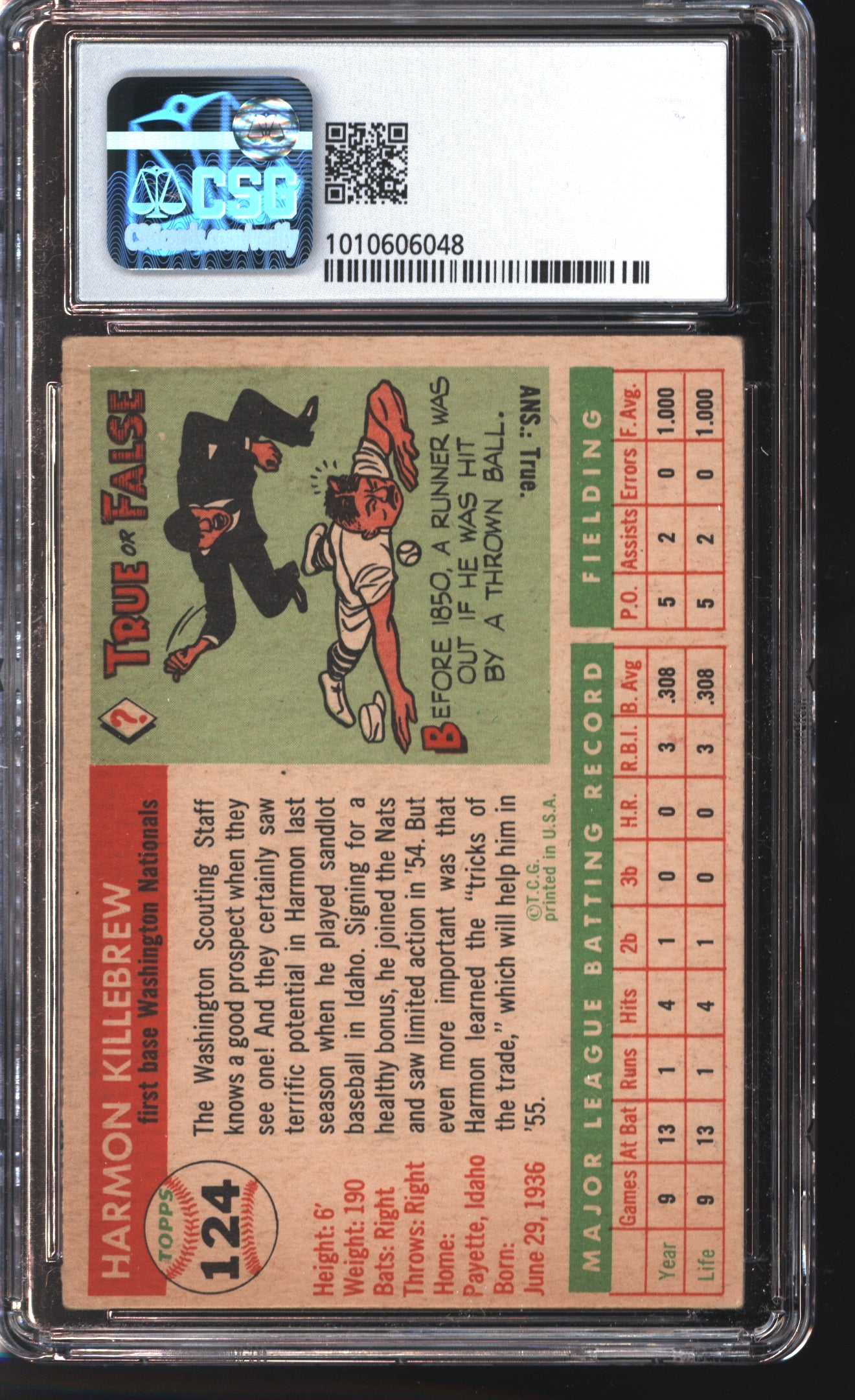 1955 Topps Harmon Killebrew Graded CSG 4