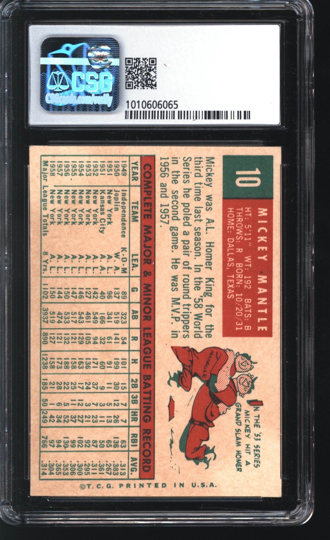 1959 Topps Mickey Mantle #10 Graded CSG 6.5