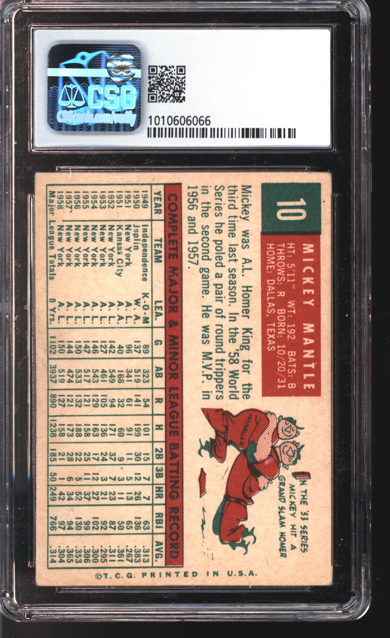 1959 Topps Mickey Mantle #10 Graded CSG 4.5