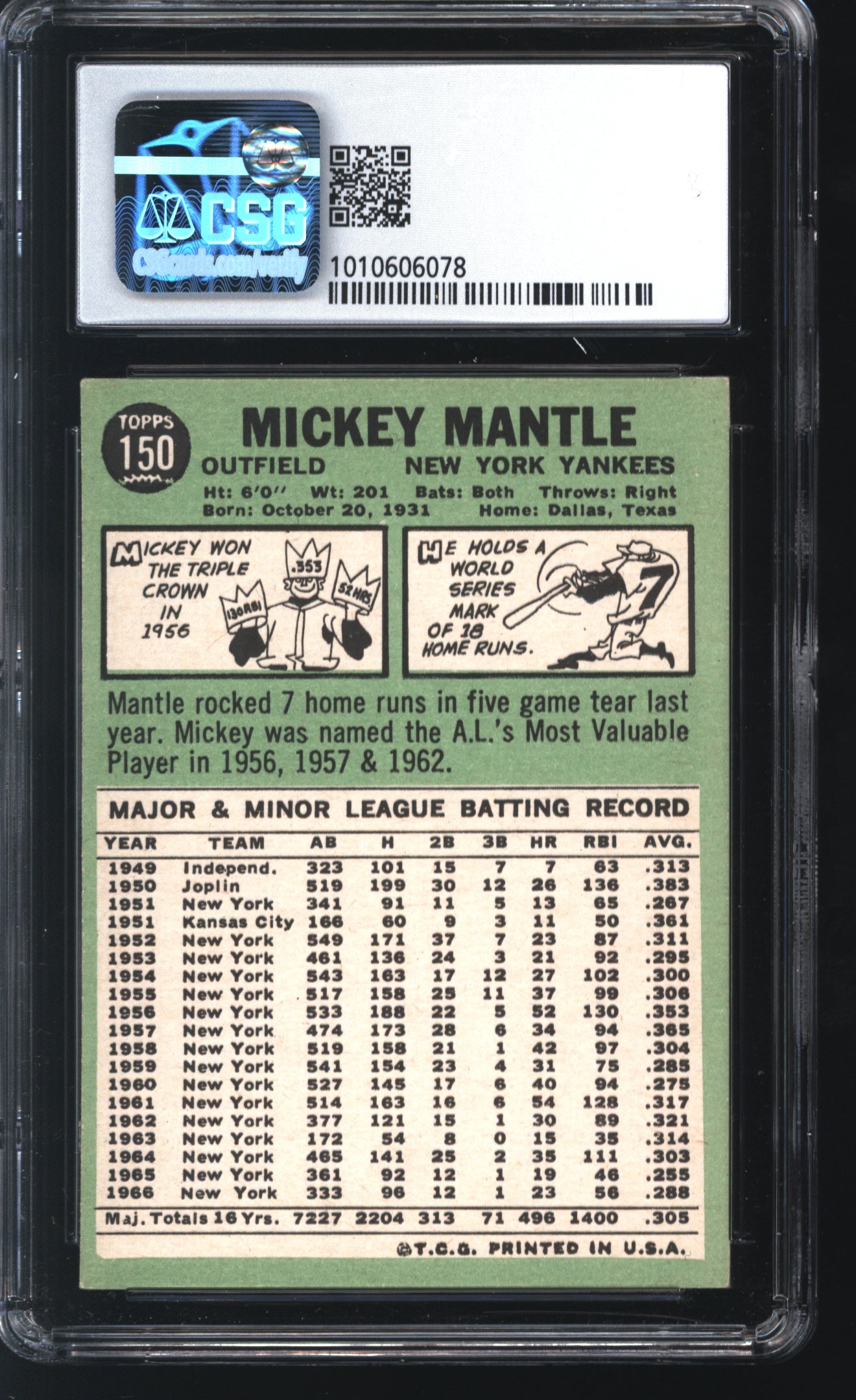 1967 Topps Mickey Mantle # 150 Graded CSG 6.5