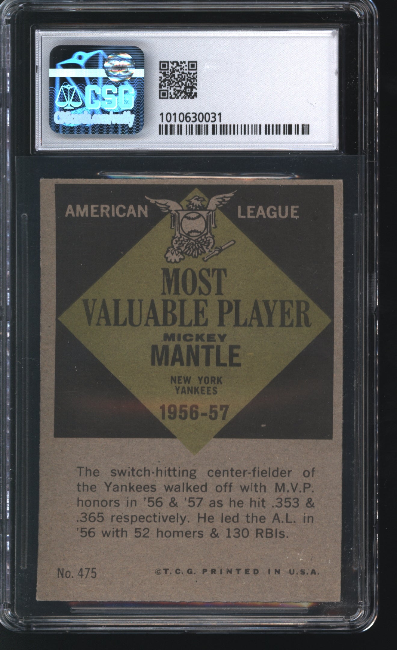 1961 Topps Mickey Mantle MVP #475 Graded CSG 5.5