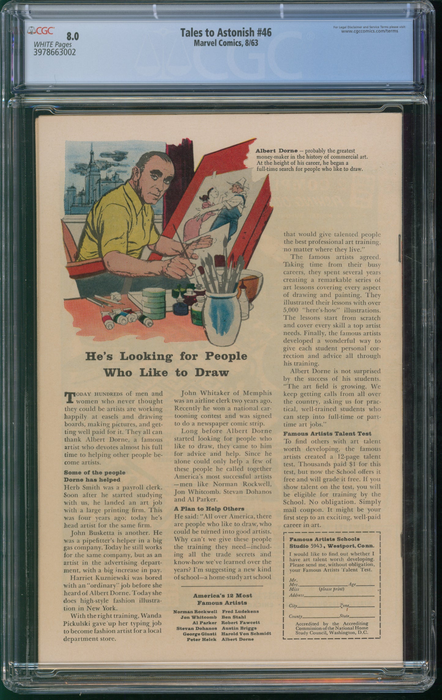 Marvel Comics Tales to Astonish #46 8/63 CGC 8.0 White Pages
