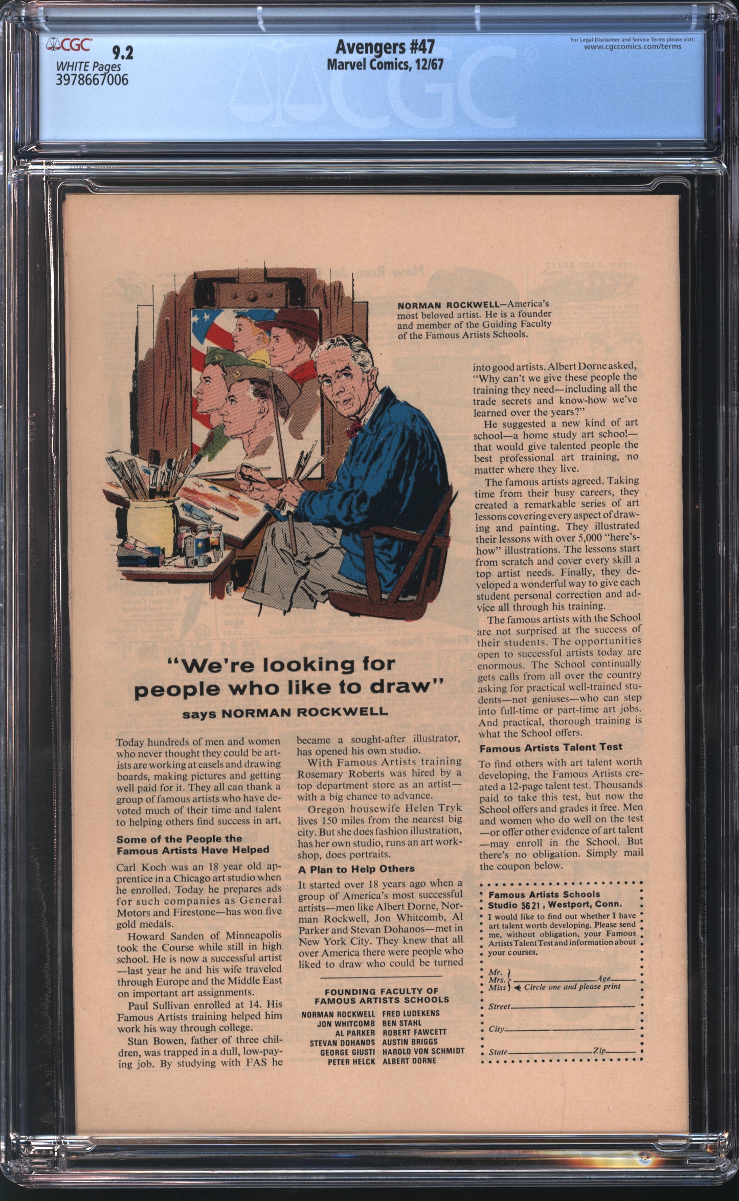 Marvel Avengers 47 12/67 CGC 9.2 White Pages