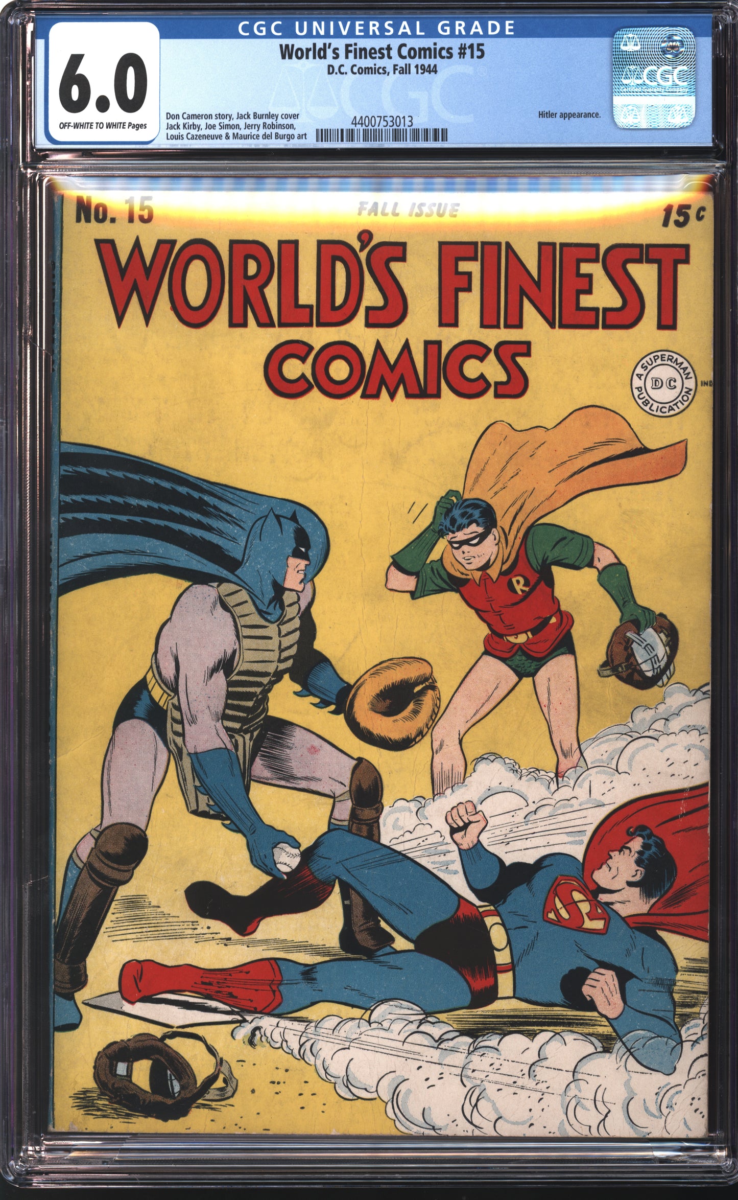 D.C. Comics World's Finest Comics #15 Fall 1944 CGC 6.0 Off White to White Pages