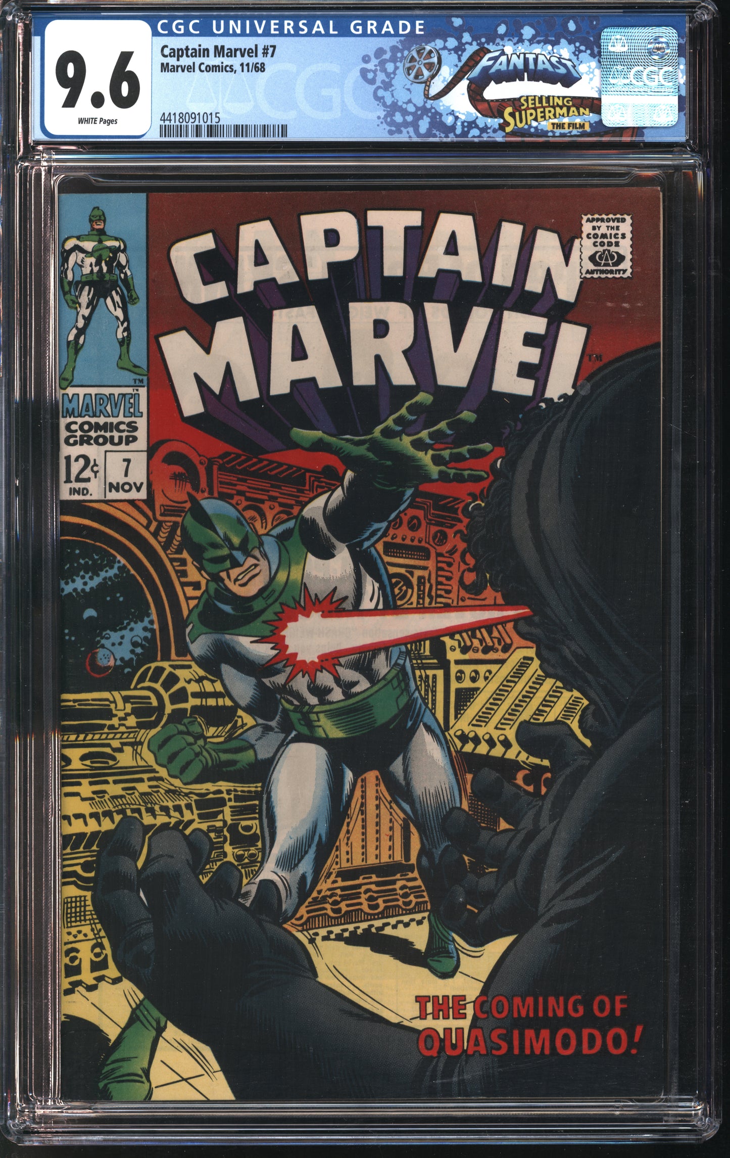 Marvel Comics Captain Marvel #7 11/68 FANTAST CGC 9.6 White Pages