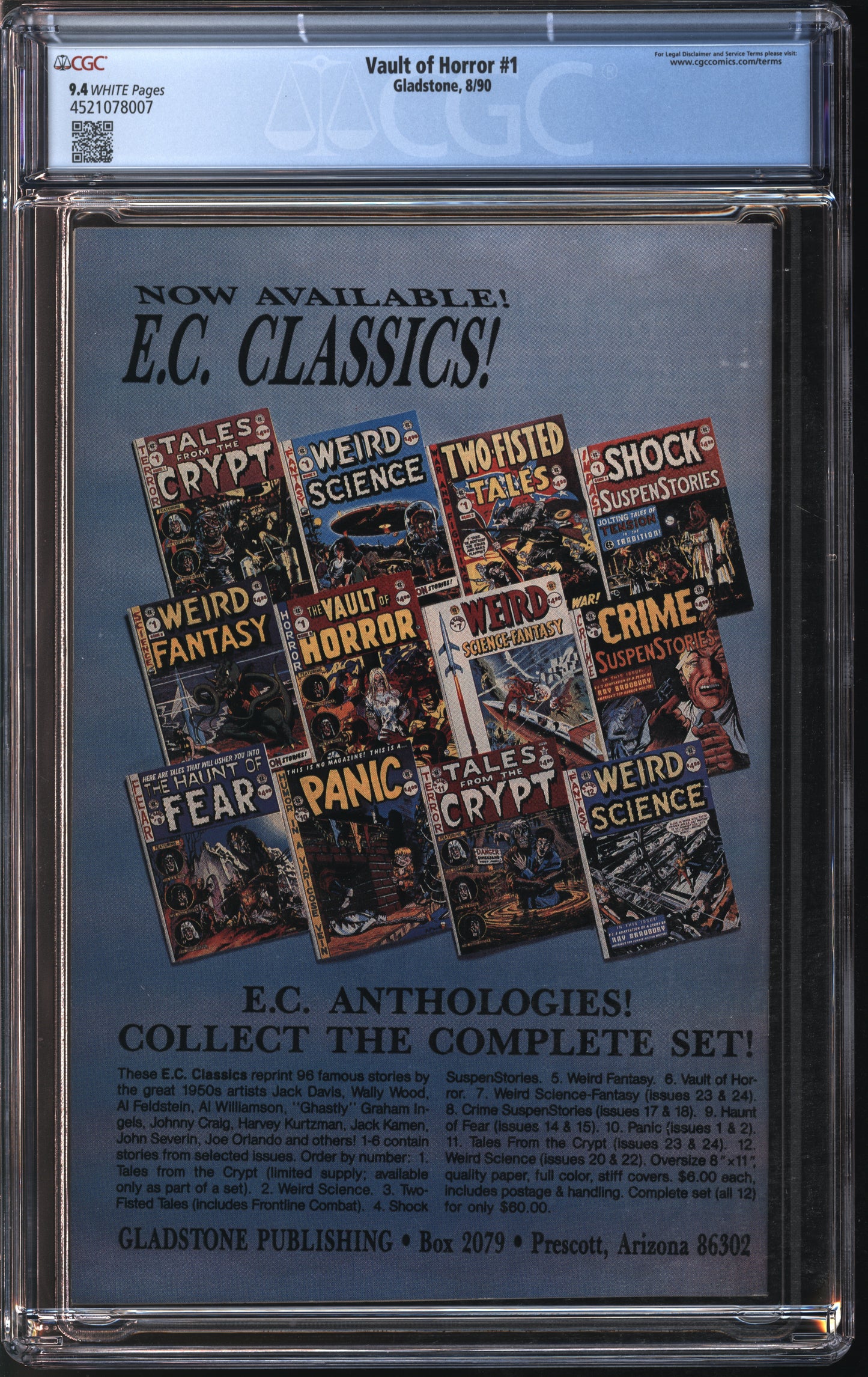 Gladstone Vault of Horror #1 8/90 CGC 9.4 White Pages