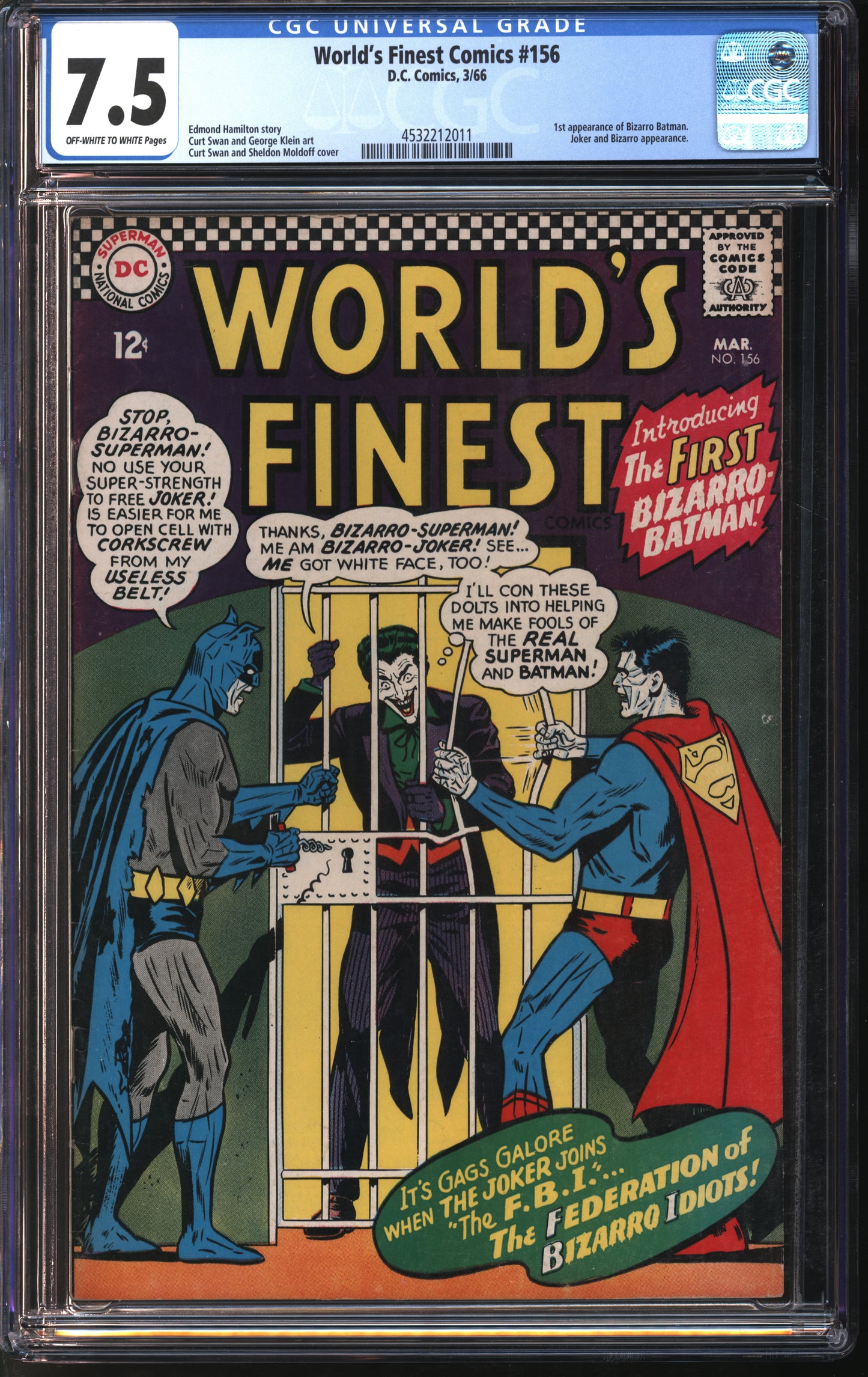 D.C. Comics World's Finest Comics #156 3/66 CGC 7.5 Off-White to White Pages