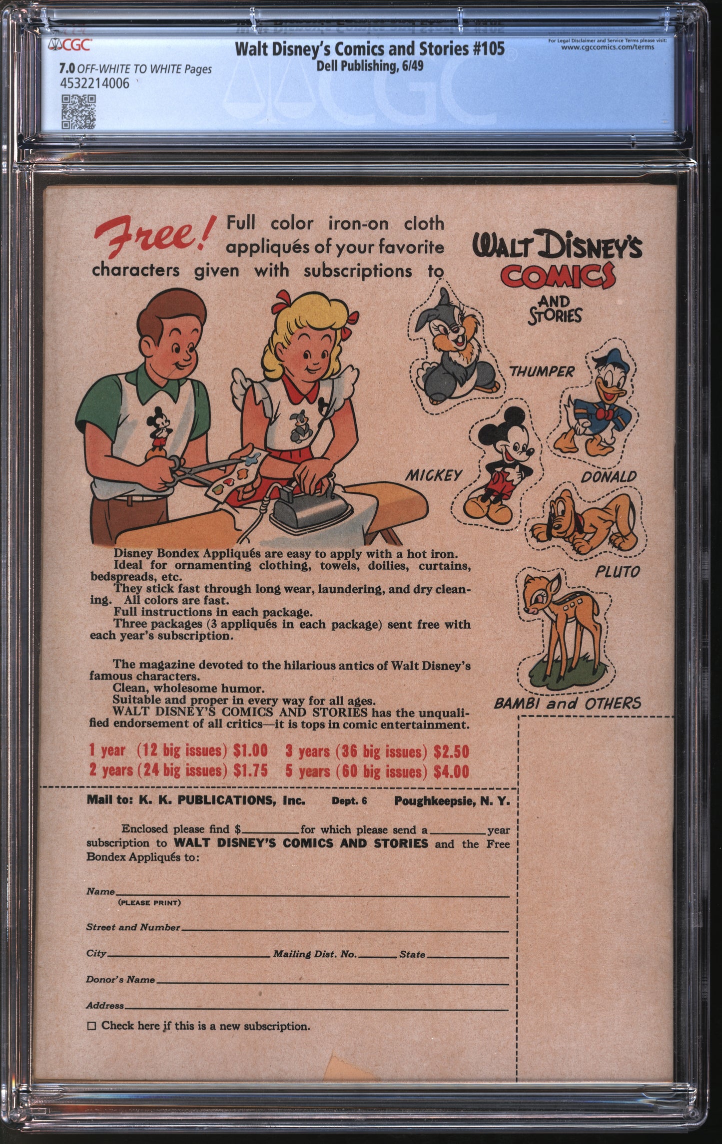 Dell Pub. Walt Disney's Comics and Stories #105 6/49 CGC 7.0 Off-White to White Pages