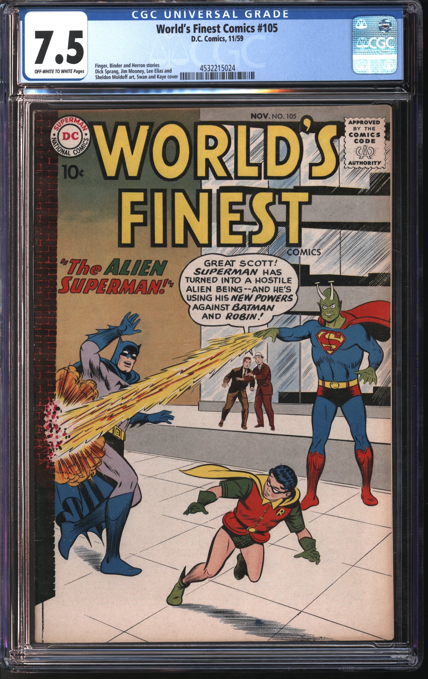 D.C. Comics World's Finest Comics #105 11/59 CGC 7.5 Off-White to White Pages