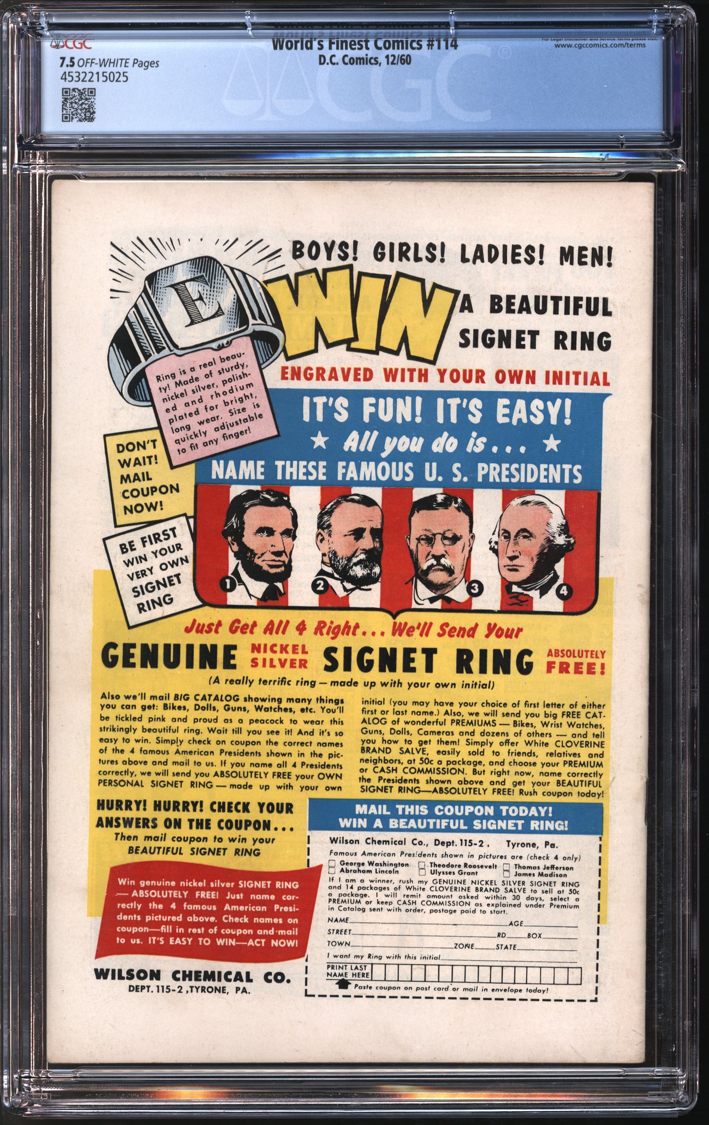 D.C. Comics World's Finest #114 12/60 CGC 7.5 Off-White Pages