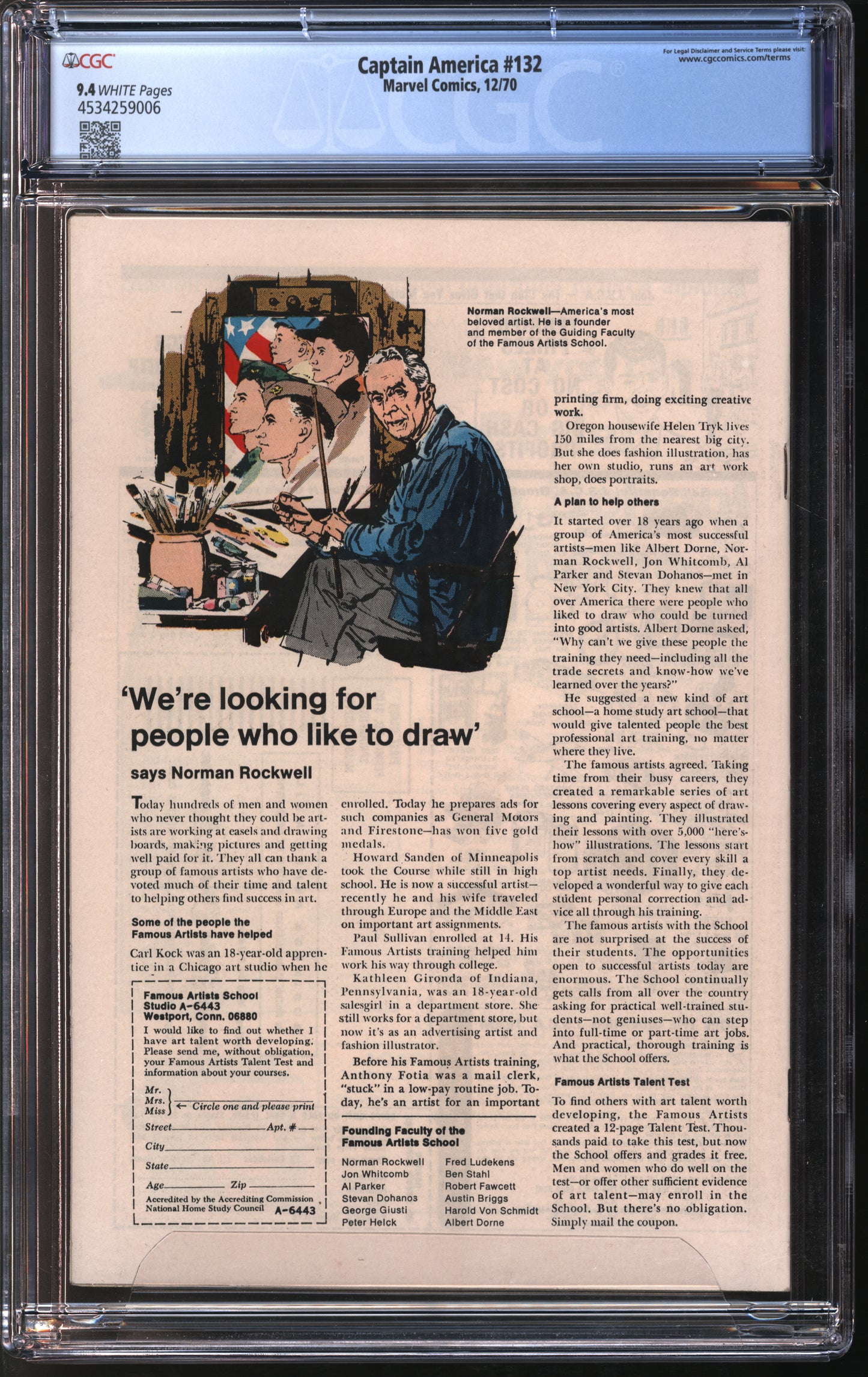 Marvel Comics Captain America #132 12/70 CGC 9.4 White Pages