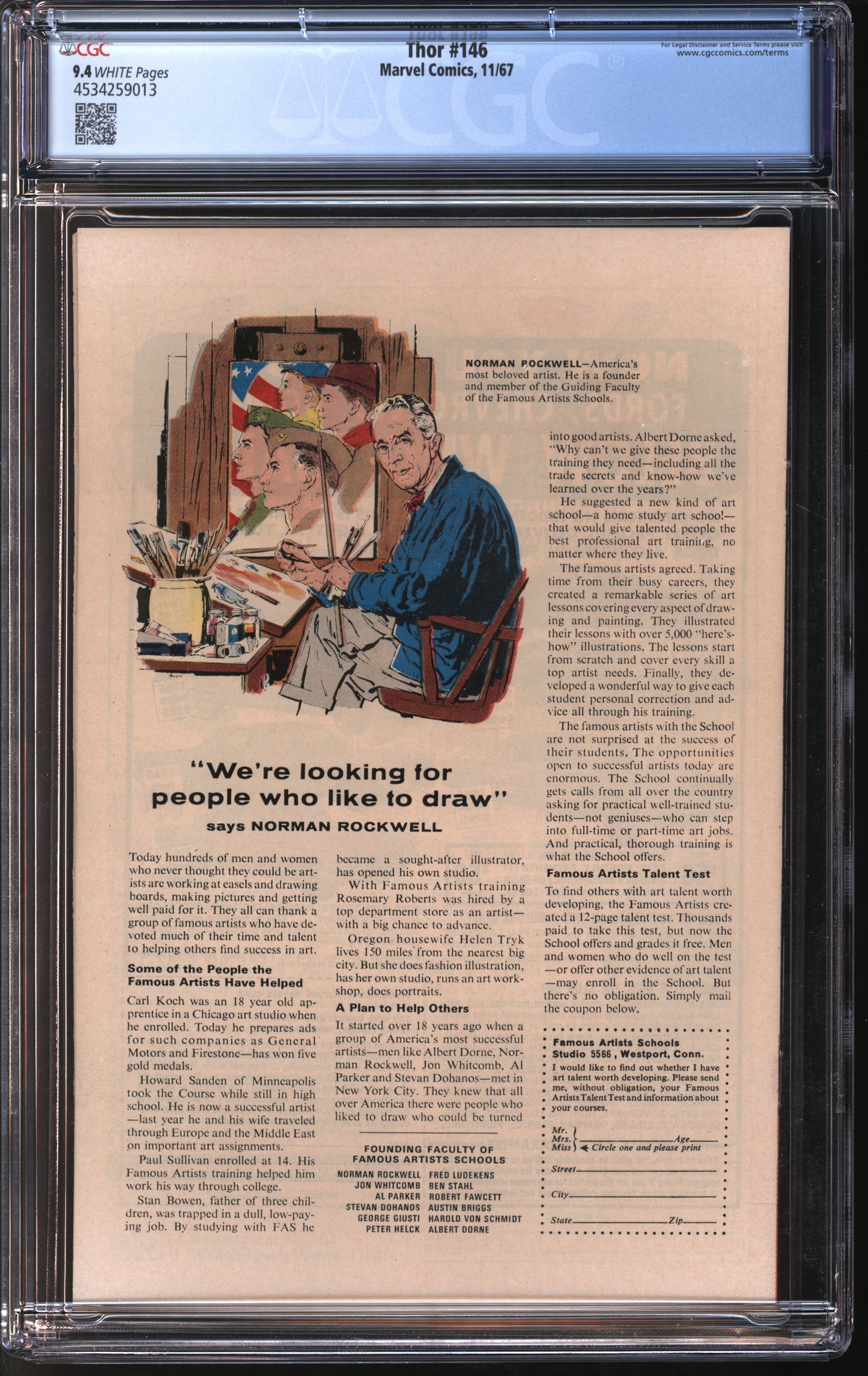 Marvel Comics Thor #146 11/67 CGC 9.4 White Pages