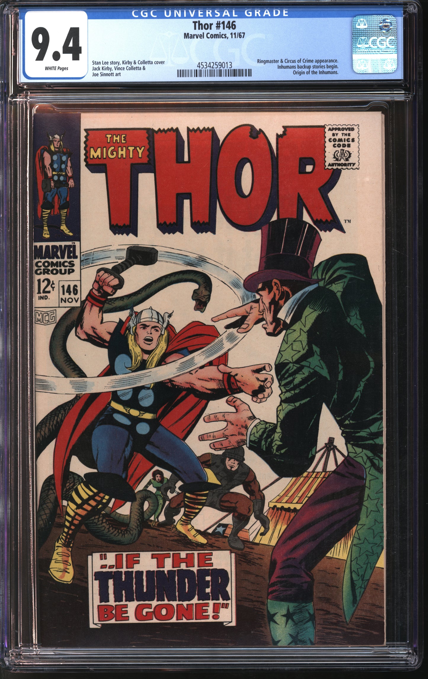 Marvel Comics Thor #146 11/67 CGC 9.4 White Pages