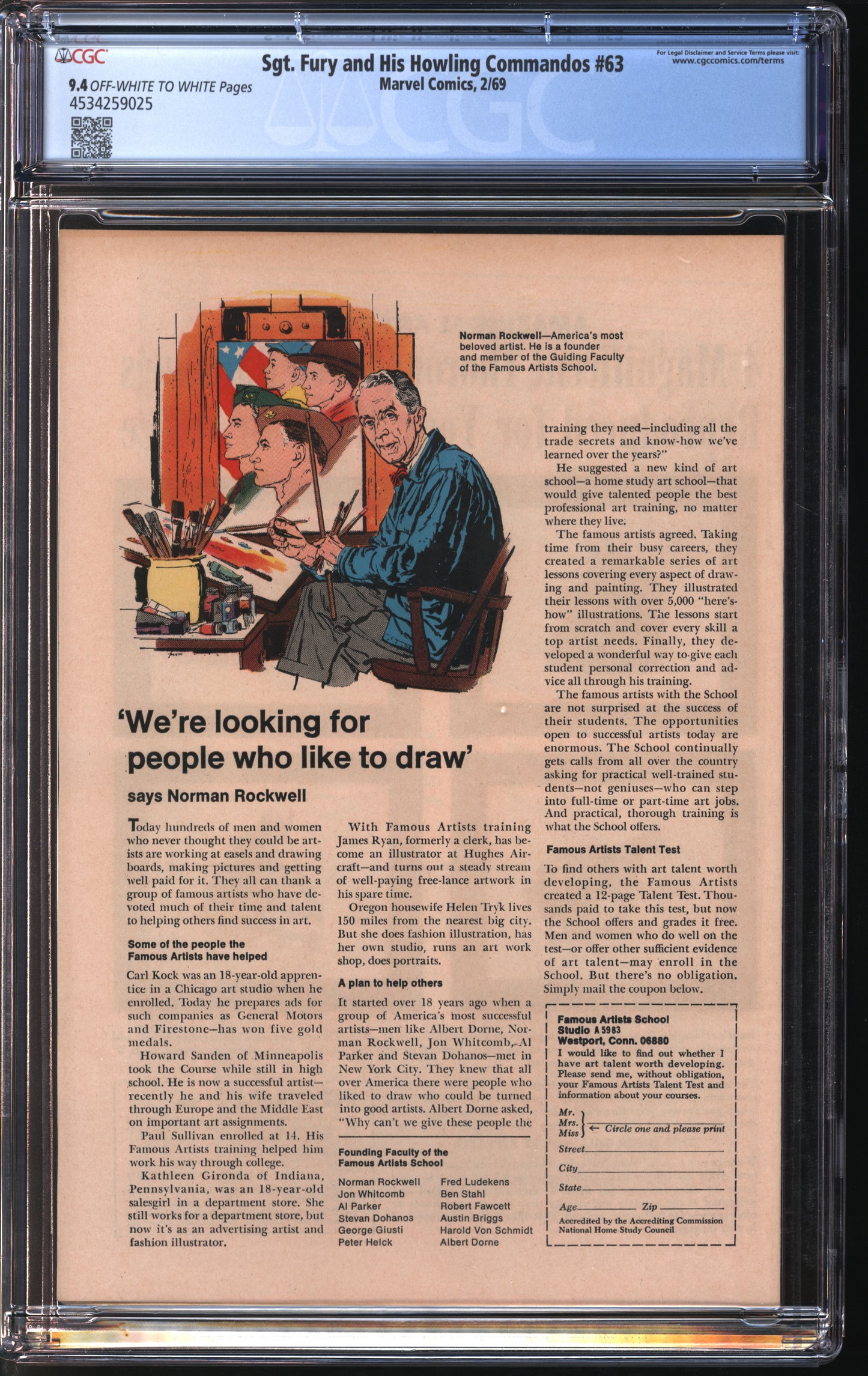 Marvel Comics Sgt. Fury and His Howling Commandos #63 2/69 FANTAST CGC 9.4 Off-White to White Pages