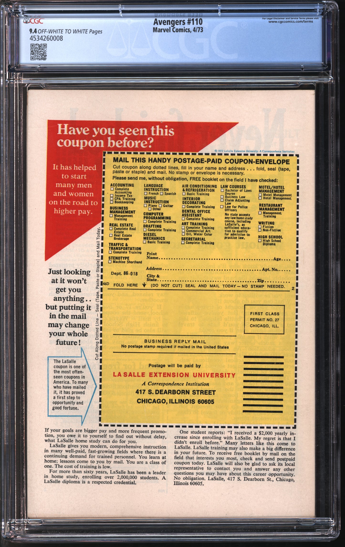 Marvel Comics Avengers #110 2/69 CGC 9.4 Off-White to White Pages