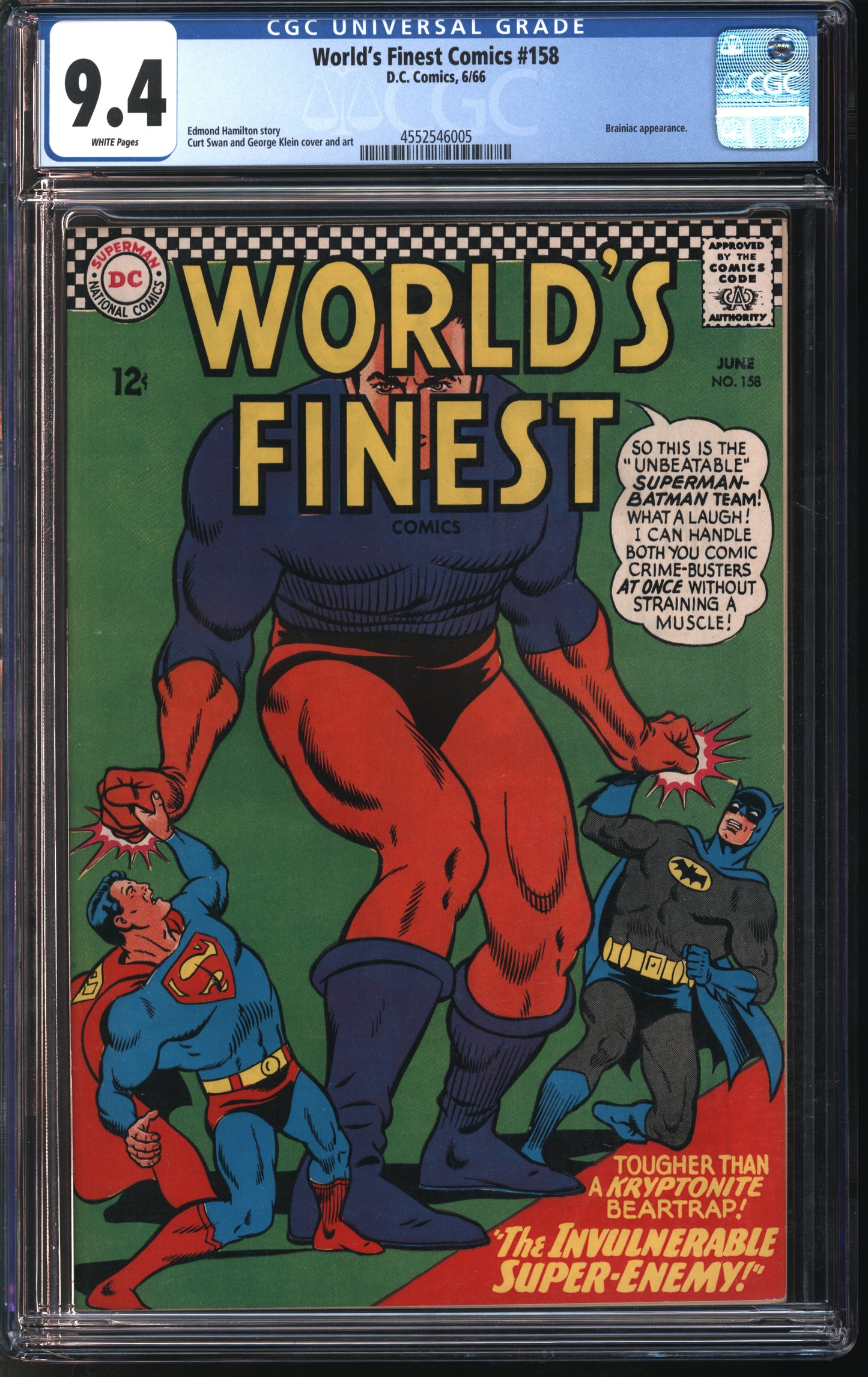 D.C. Comics World's Finest Comics #158 6/66 CGC 9.4 White Pages
