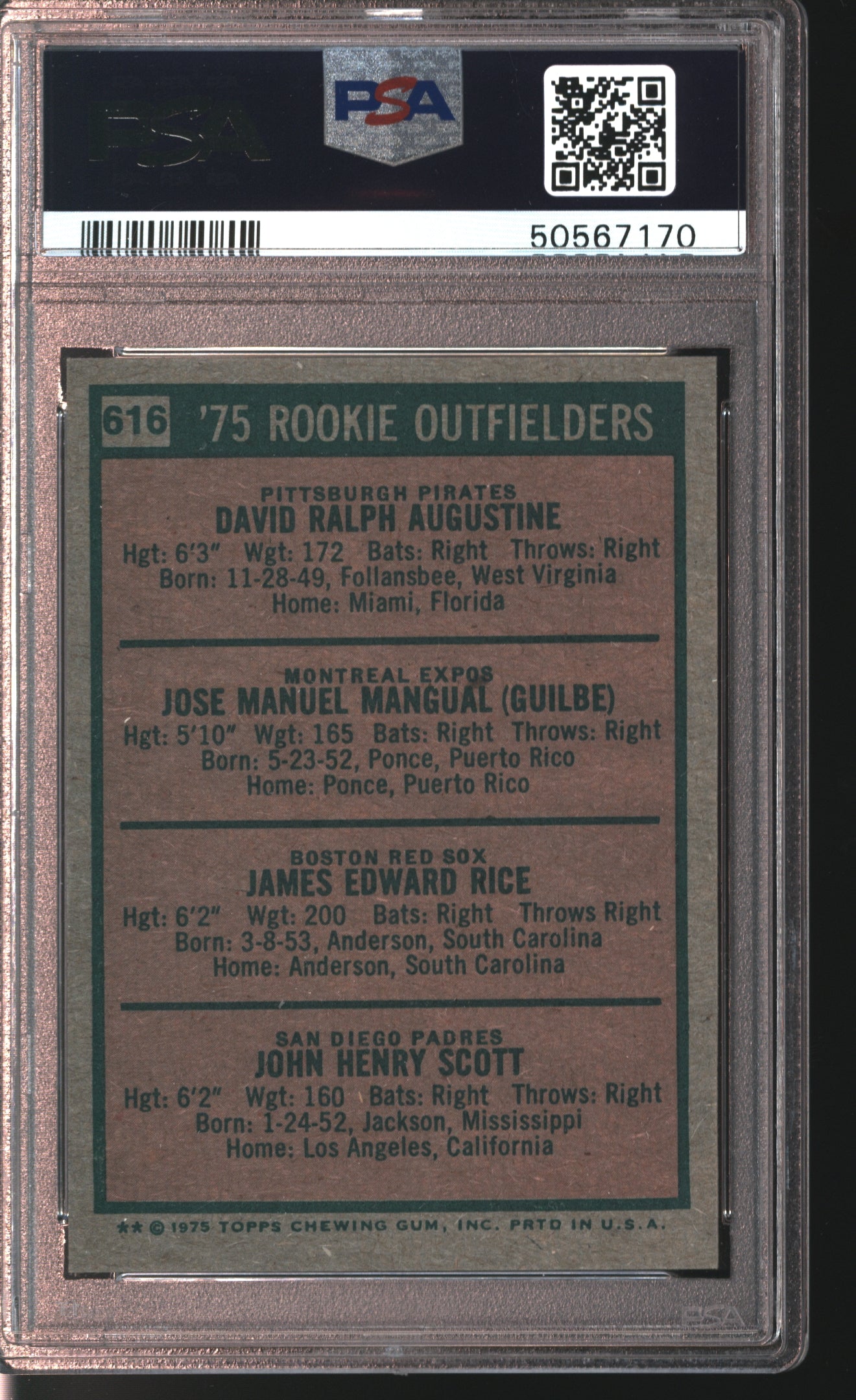 1975 Topps Rookie Outfielders #616 Graded PSA 6