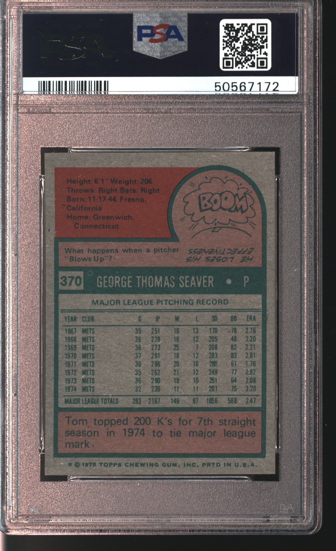 1975 Topps Mini Tom Seaver #370 Graded PSA 6.5