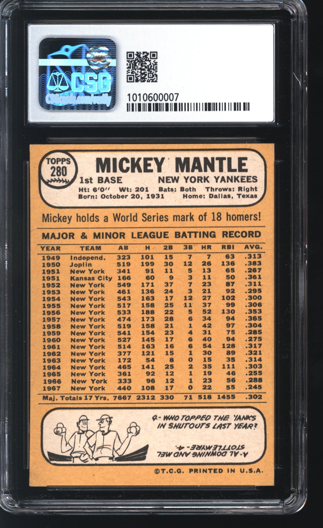 1968 Topps Mickey Mantle # 280 Graded CSG 8