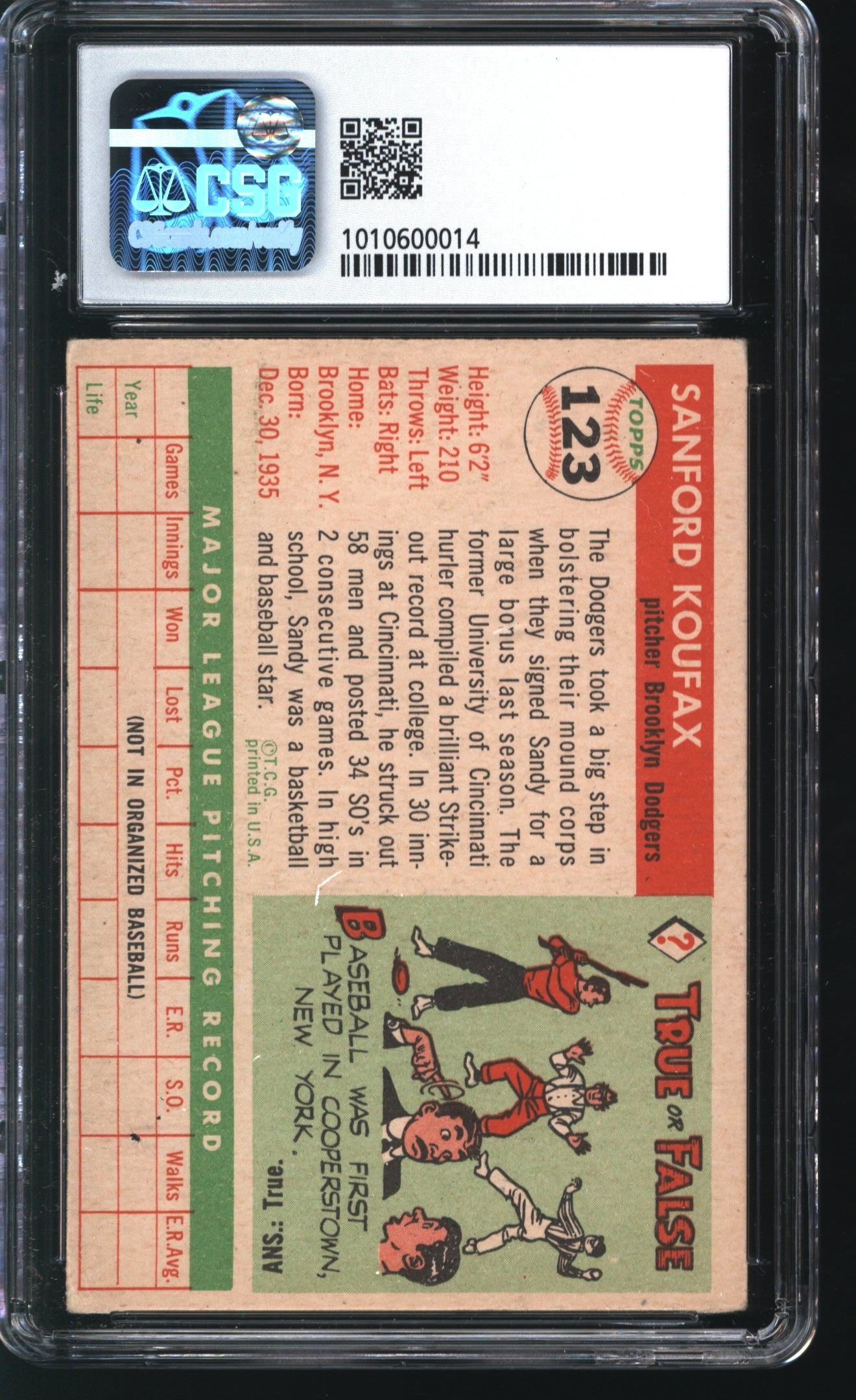 1955 Topps Sandy Koufax #123 Graded CSG 4