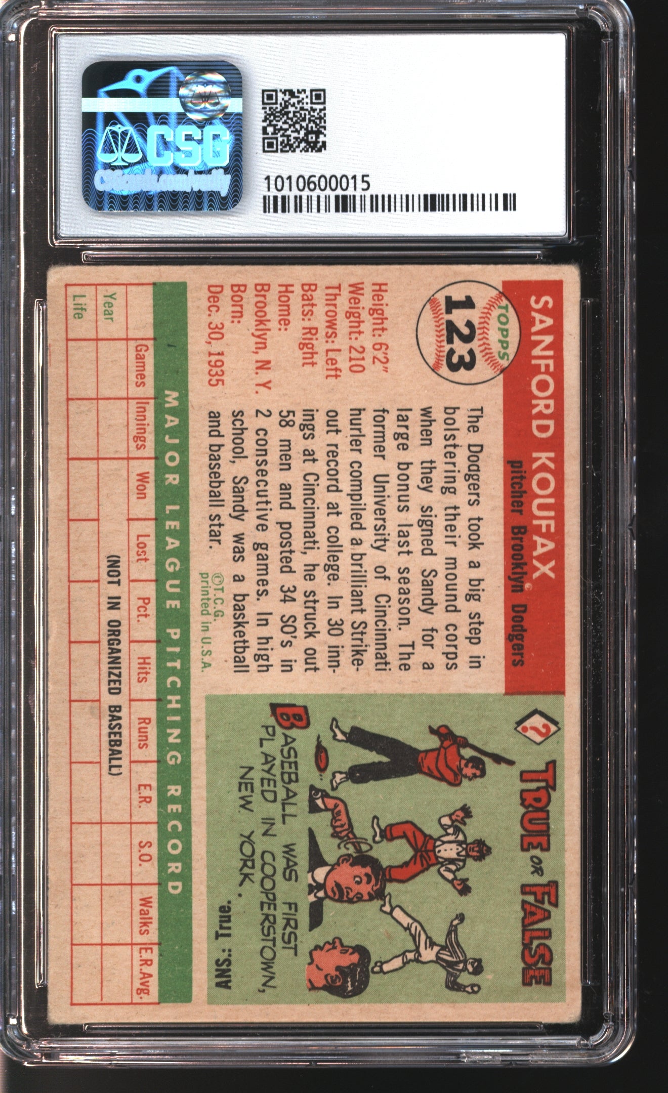 1955 Topps Sandy Koufax #123 Graded CSG 4