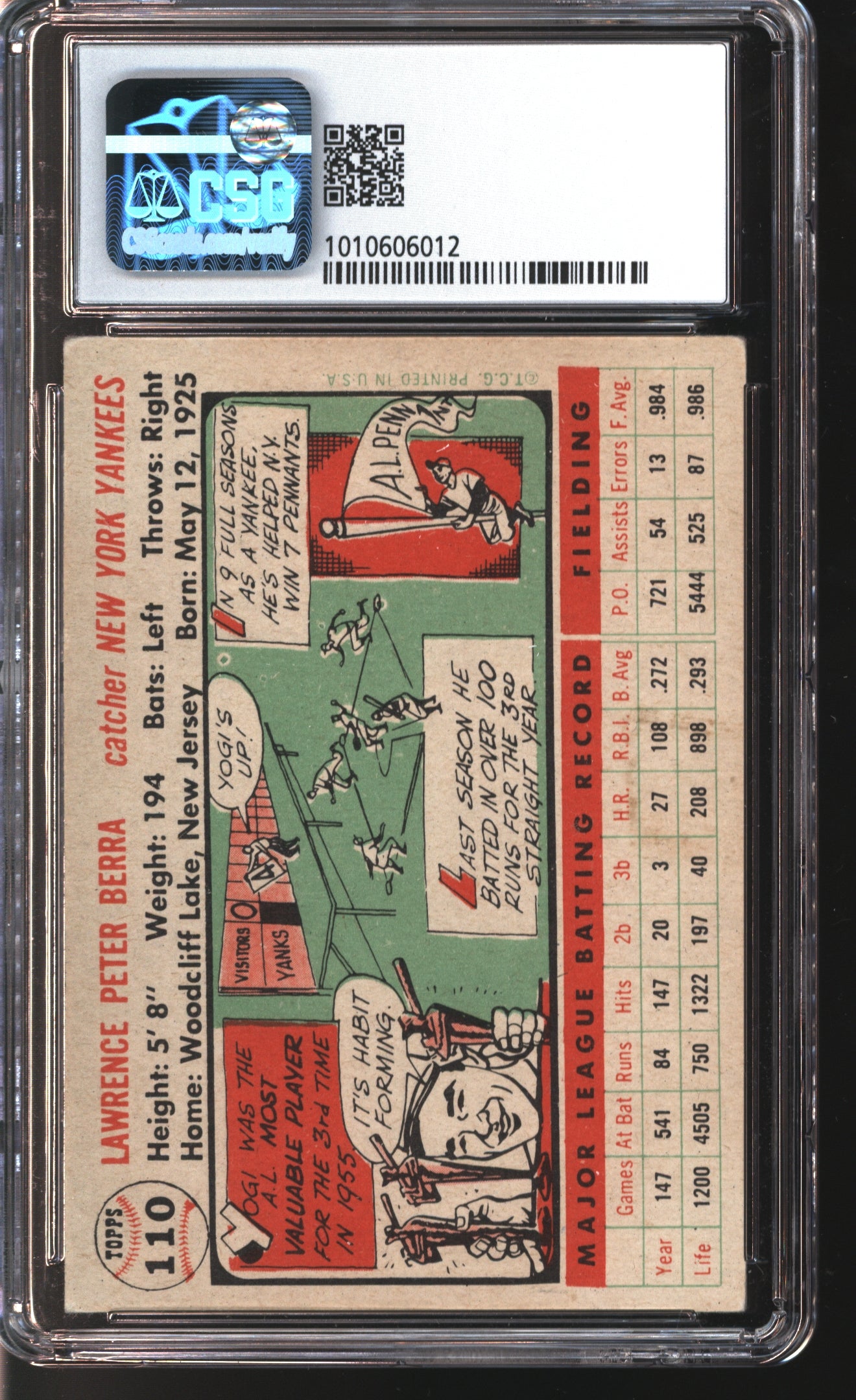 1956 Topps Yogi Berra # 110 Graded CSG 3