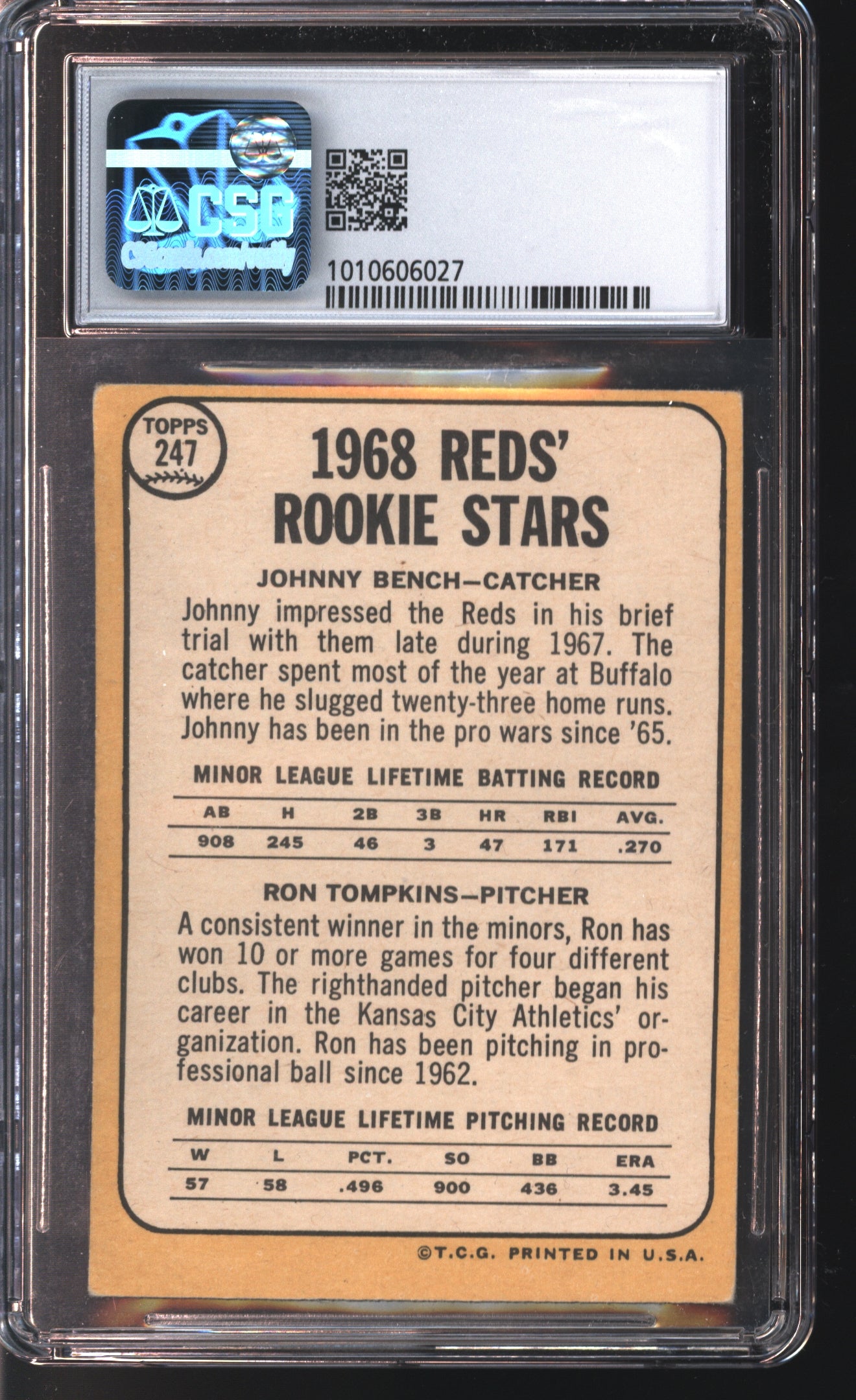 1968 Topps Rookie Stars Johnny Bench Rookie Card # 247 Graded CSG 3