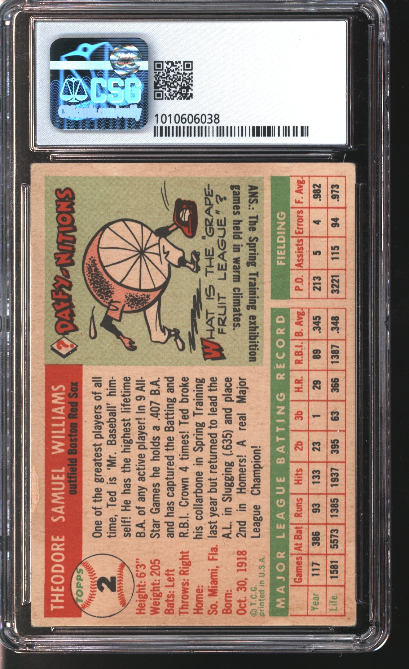 1955 Topps Ted Williams #2 Graded CSG 3.5