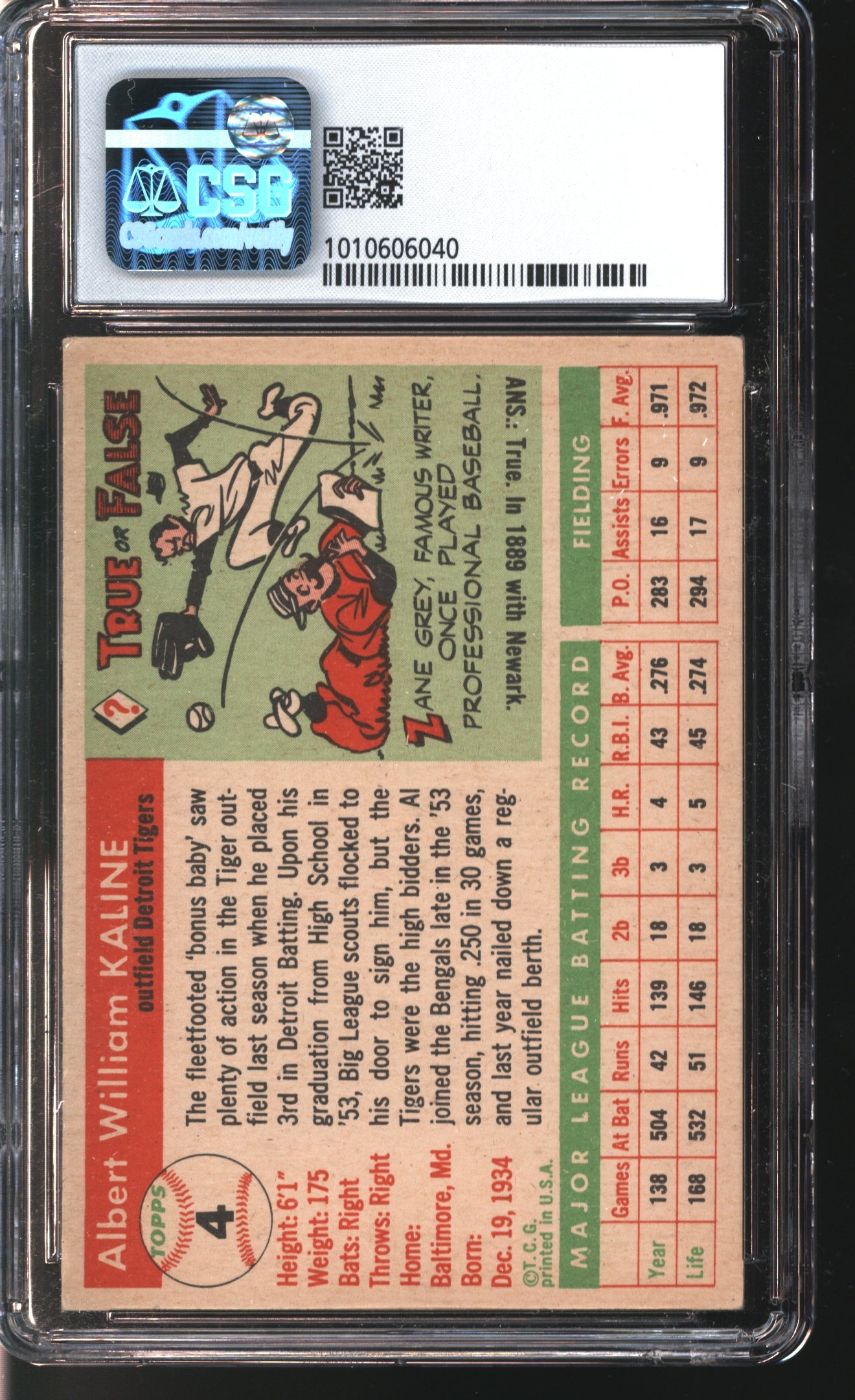 1955 Topps Al Kaline # 4 Graded CSG 3.5