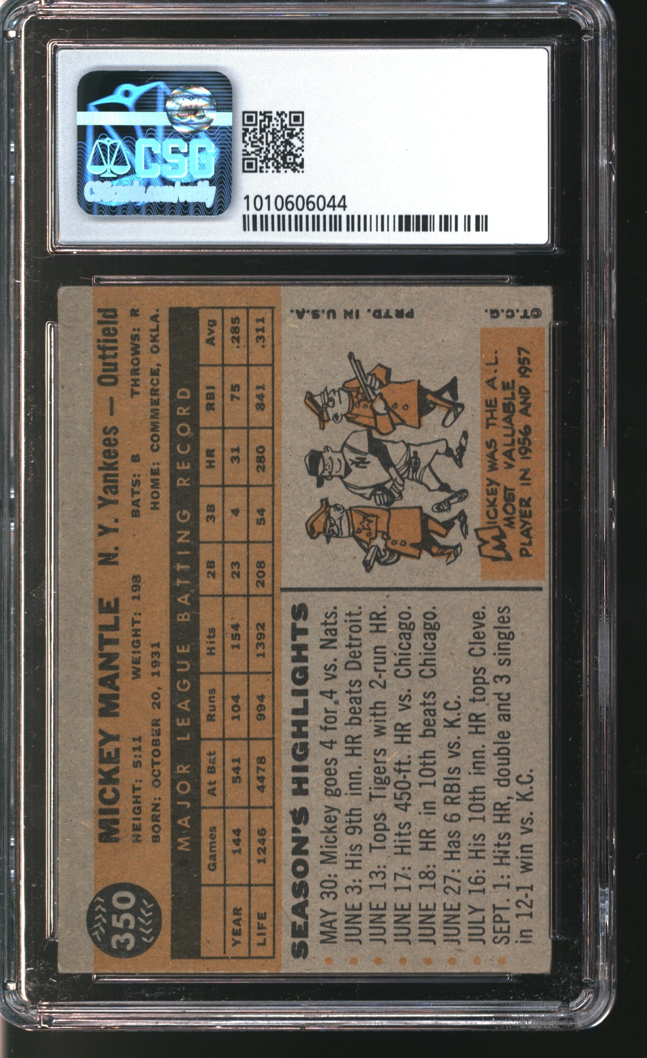 1960 Topps Mickey Mantle #350 Graded CSG 3