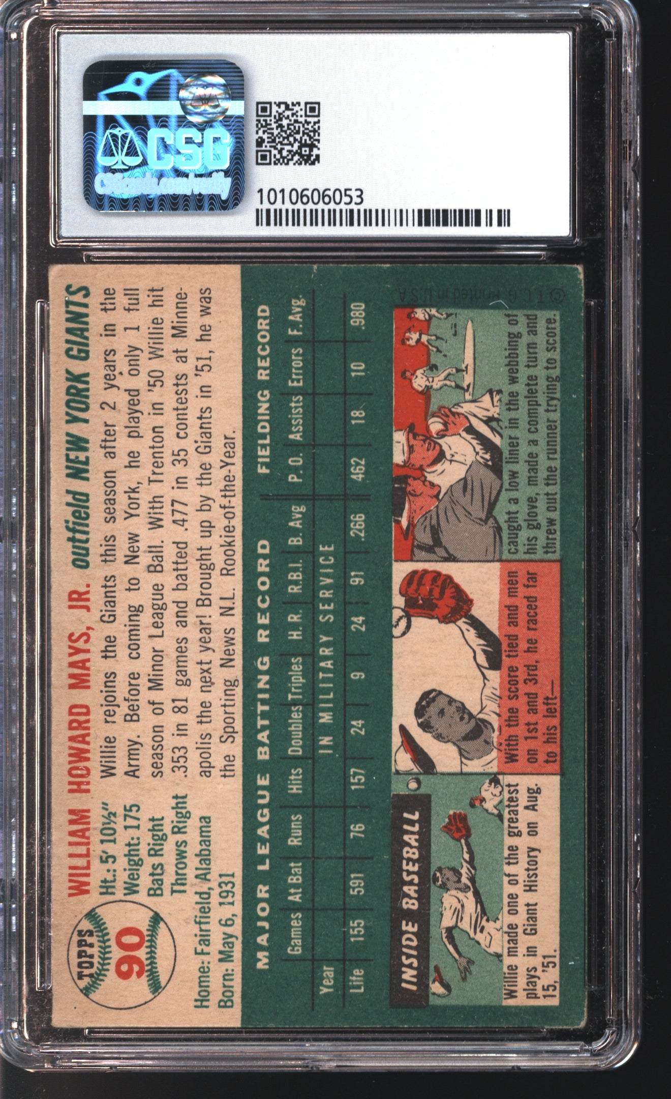 1954 Topps Willie Mays # 90 Graded CSG 1.5