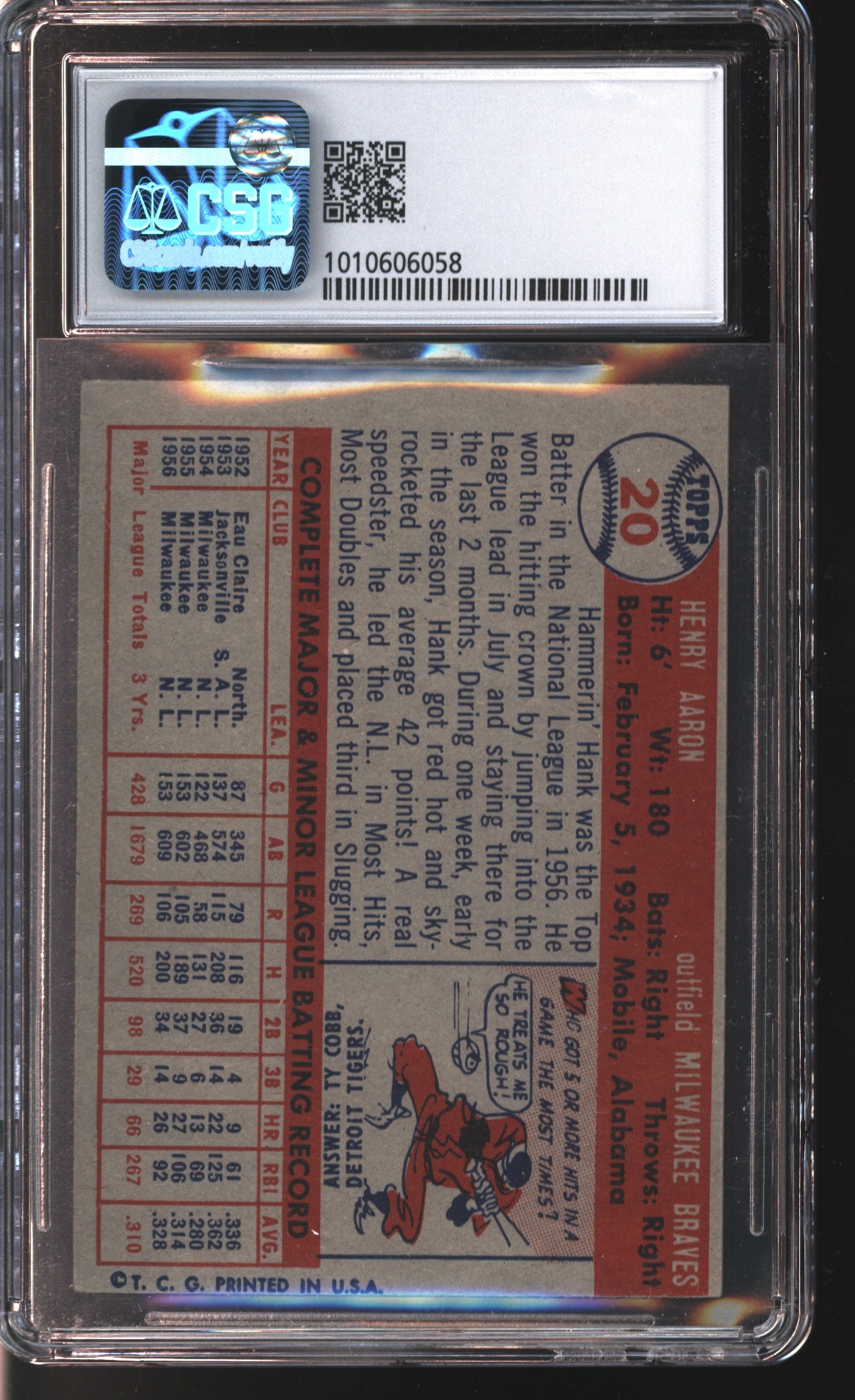 1957 Topps Hank Aaron #20 Graded CSG 5