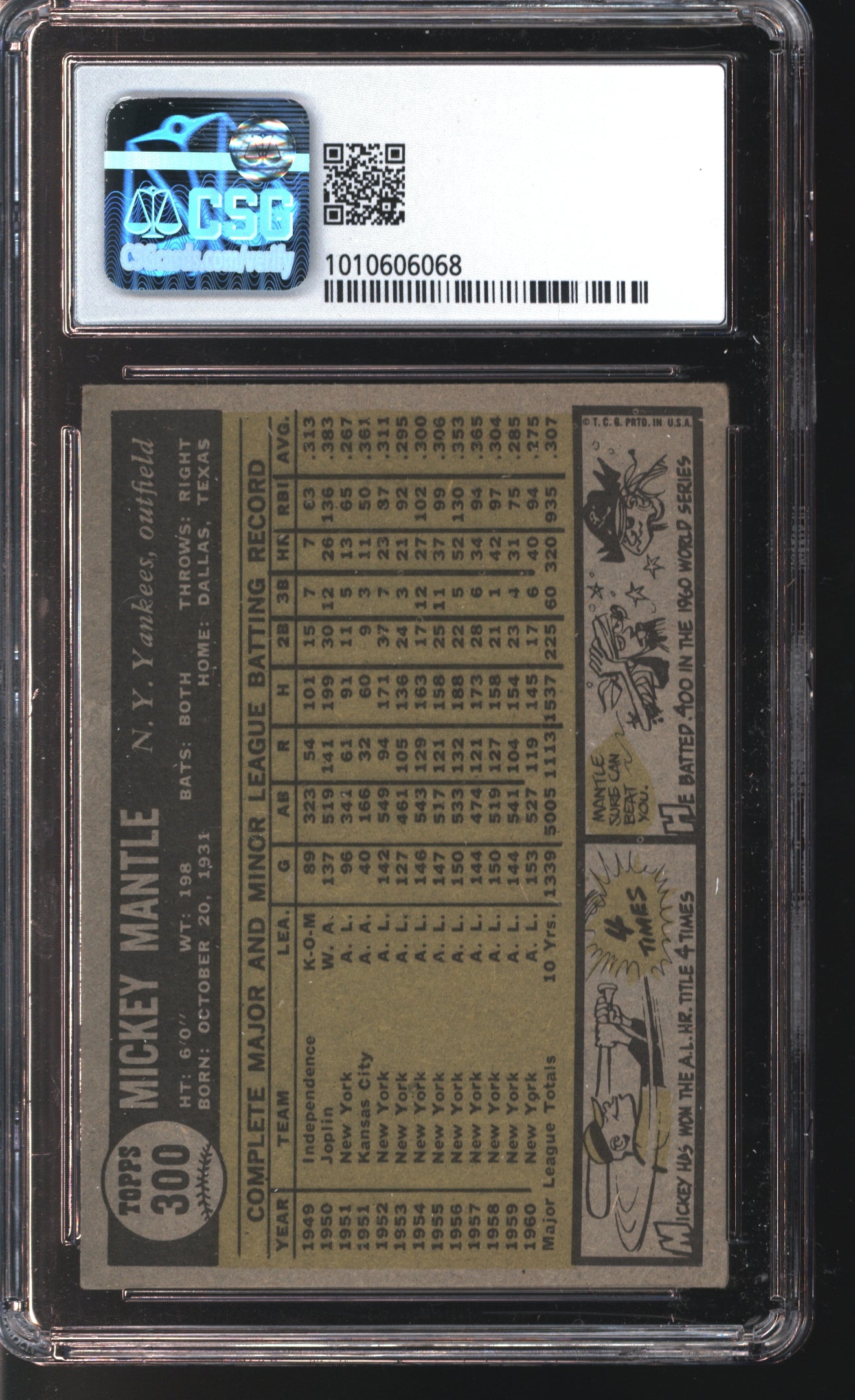 1961 Topps Mickey Mantle # 300 Graded CSG 3.5