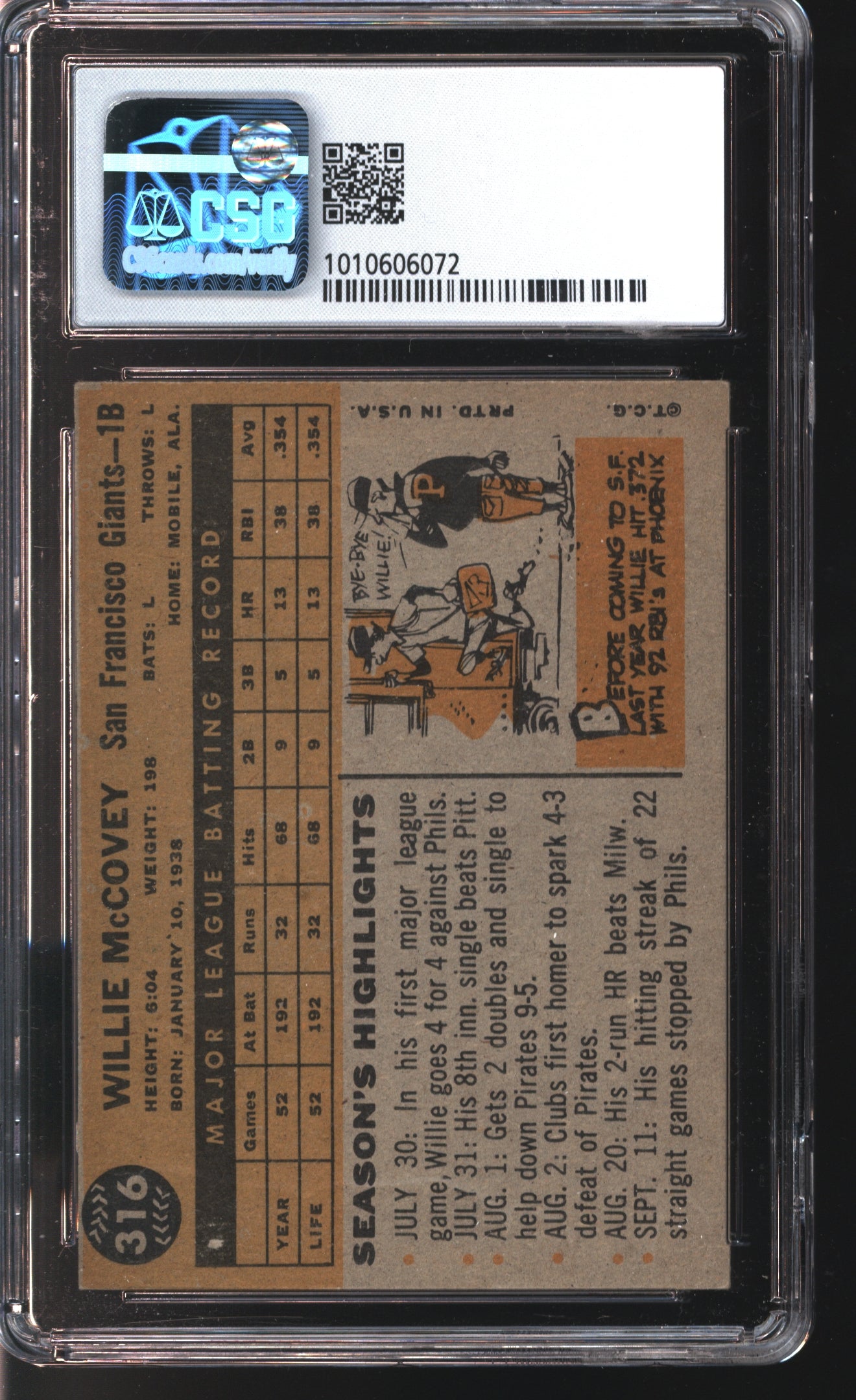 1960 Topps Willie McCovey All-Star Rookie # 316 Graded CSG 4