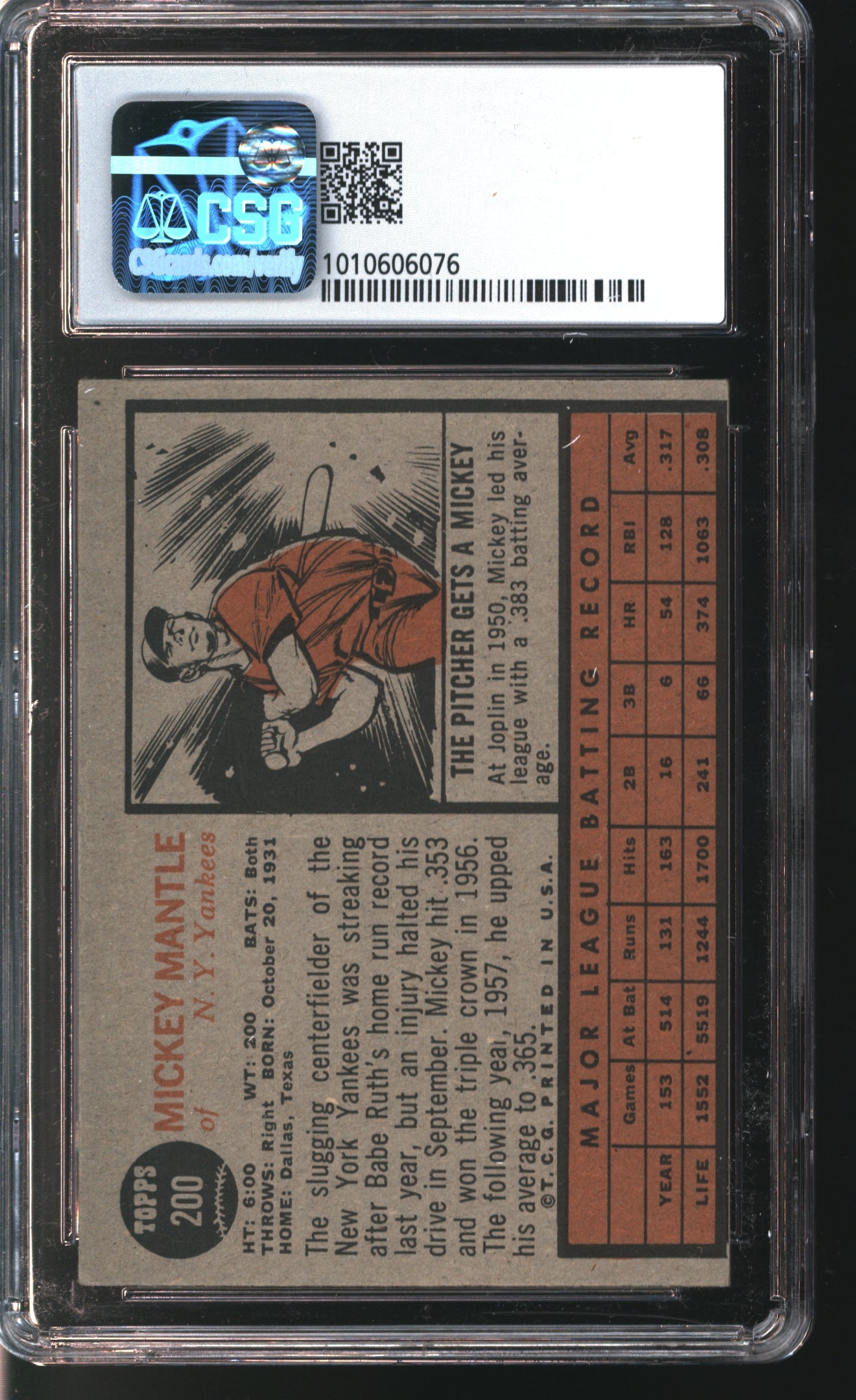 1962 Topps Mickey Mantle #200 Graded CSG 4