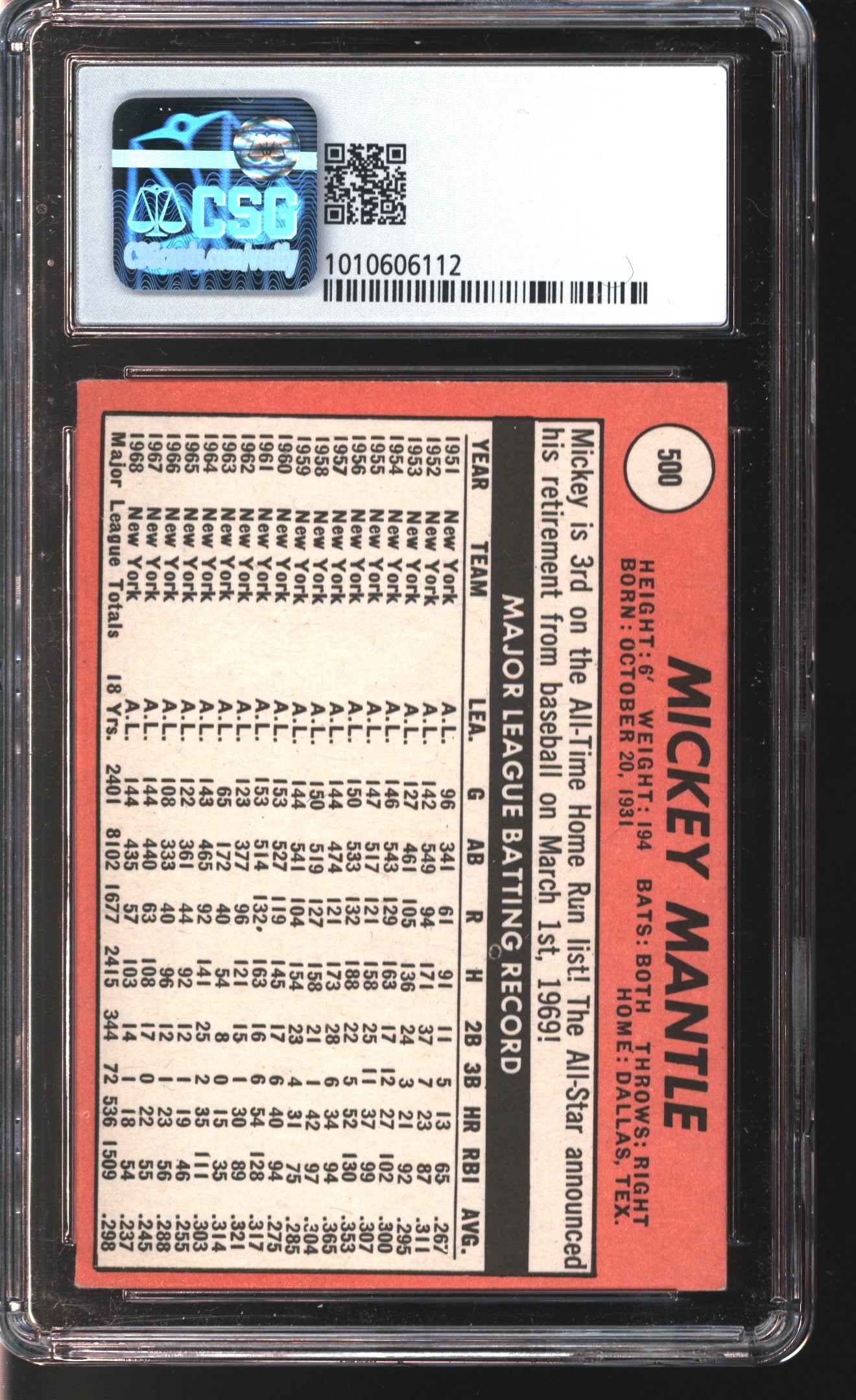 1969 Topps Mickey Mantle #500 Graded CSG 4.5