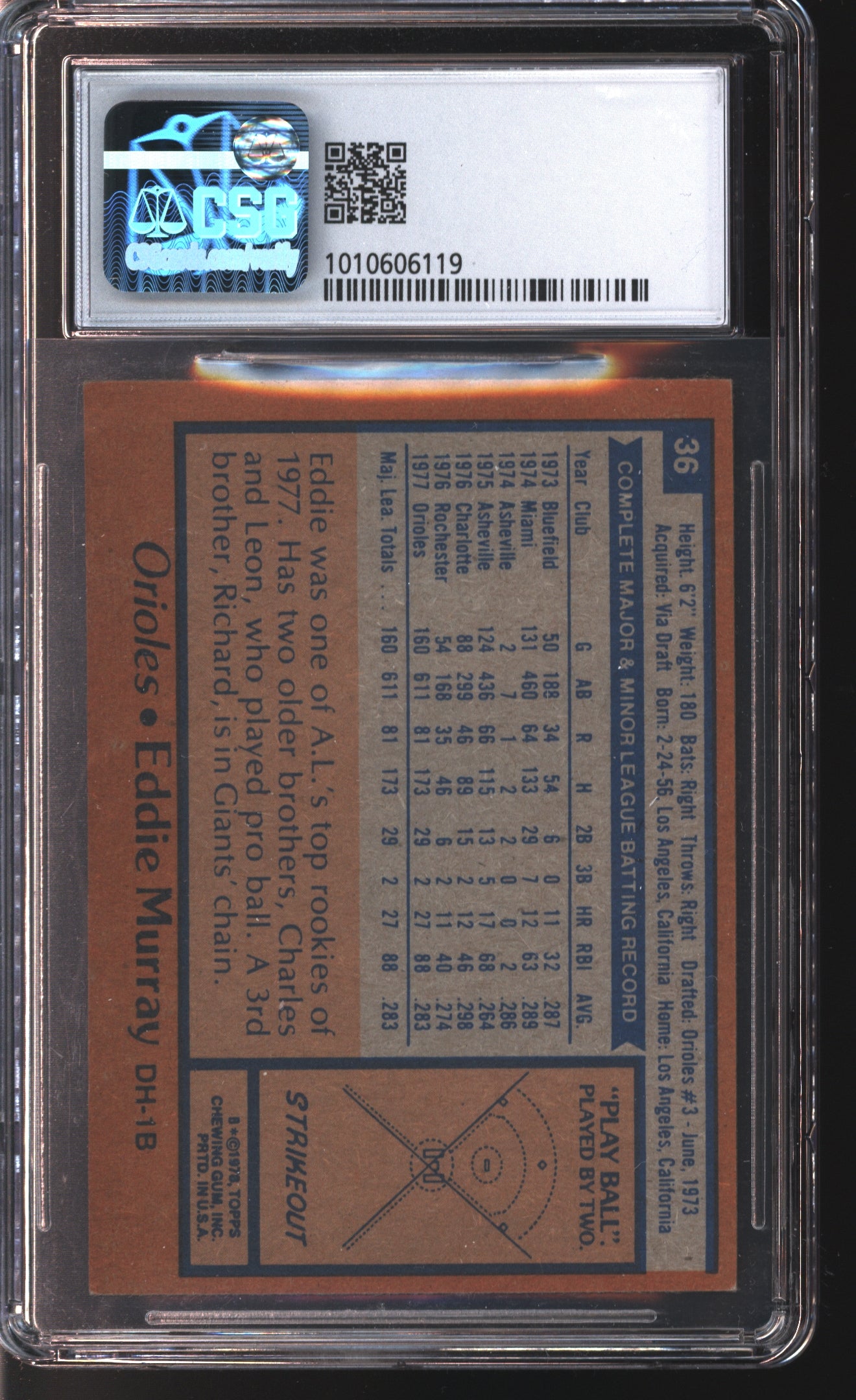 1978 Topps Eddie Murray # 36 Graded CSG 5.5