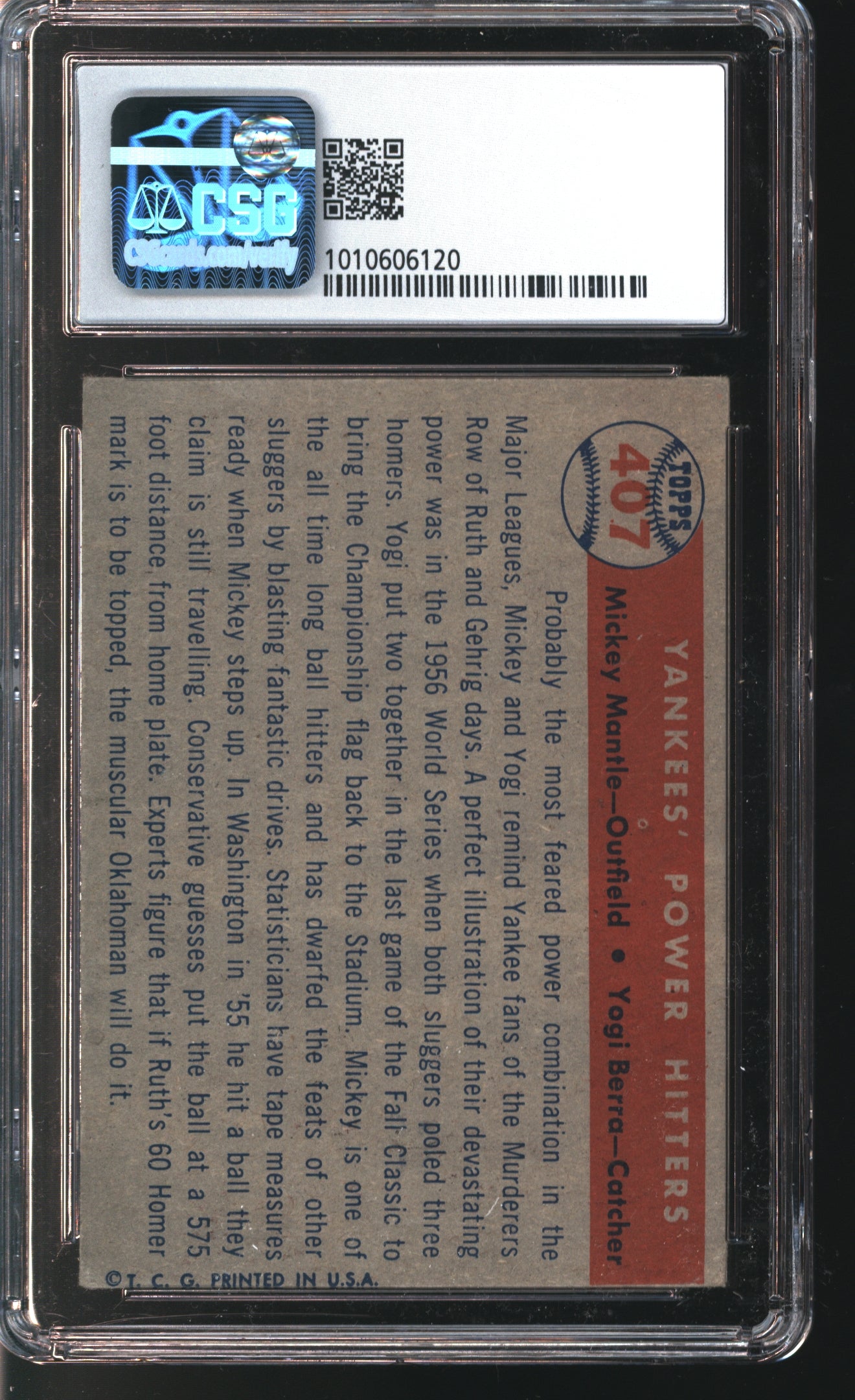 1957 Topps Mickey Mantle/Yogi Berra Power Hitters # 407 Graded CSG 3