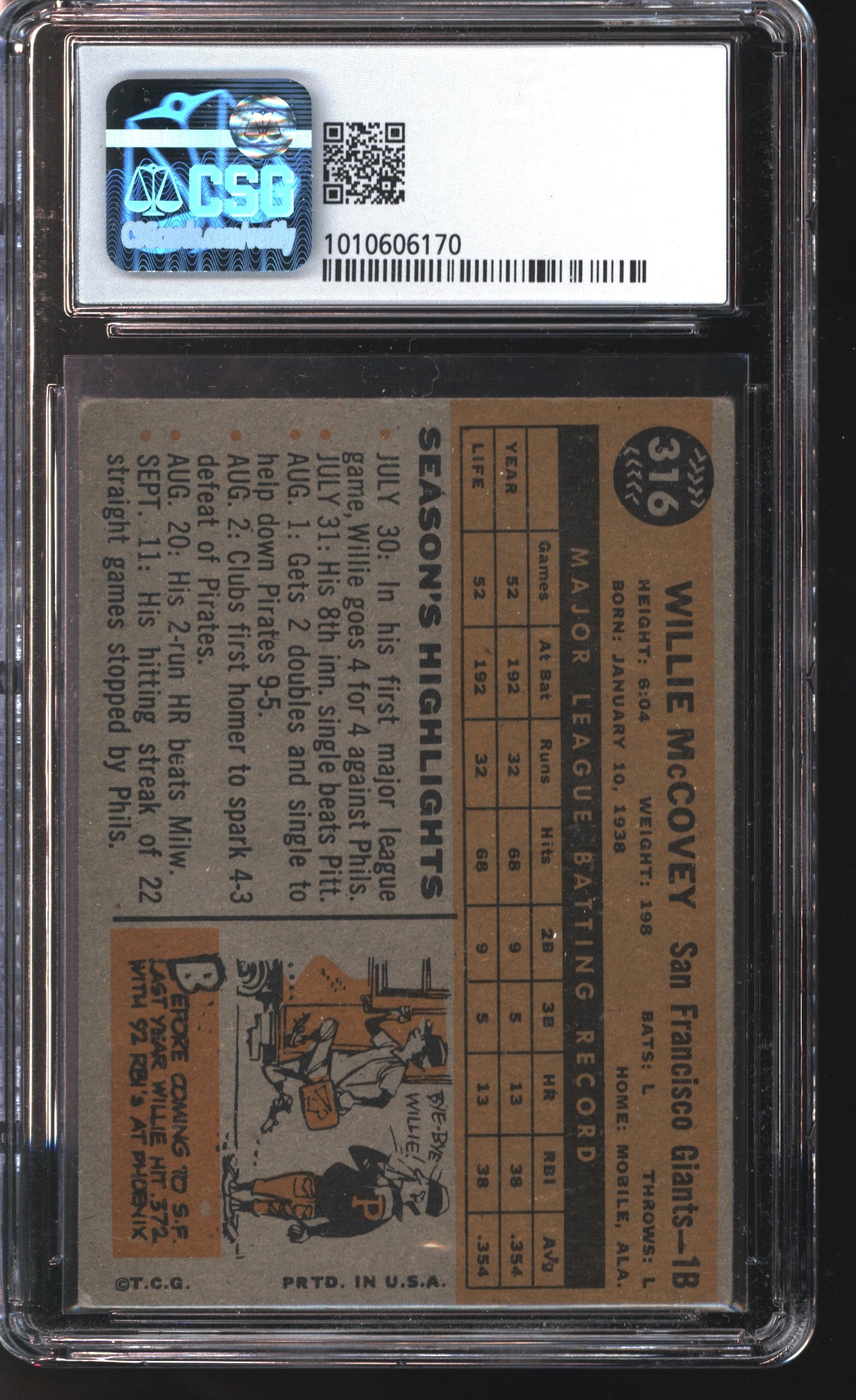 1960 Topps Willie McCovey All-Star Rookie # 316 Graded CSG 4