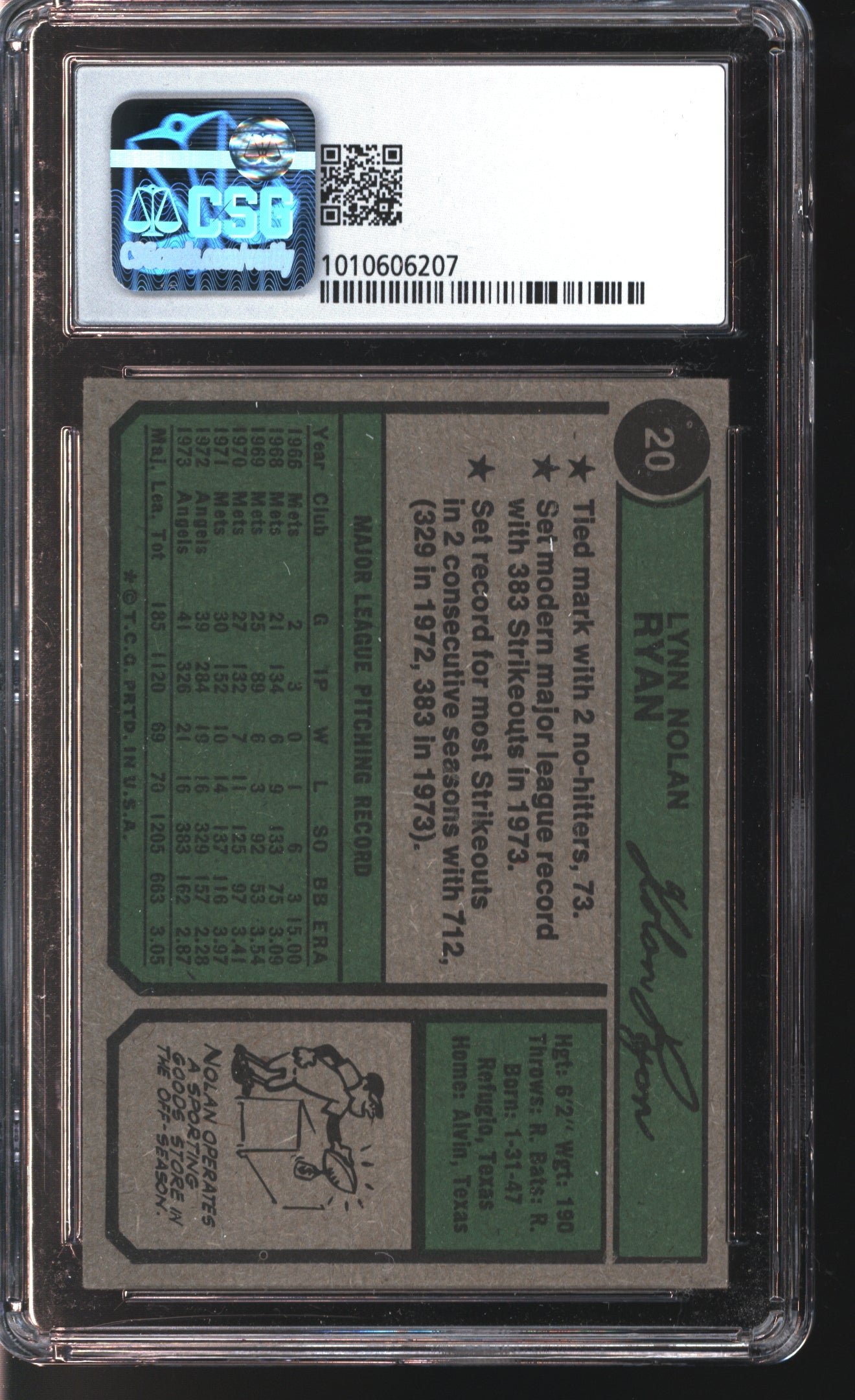 1974 Topps Nolan Ryan # 20 Graded CSG 7