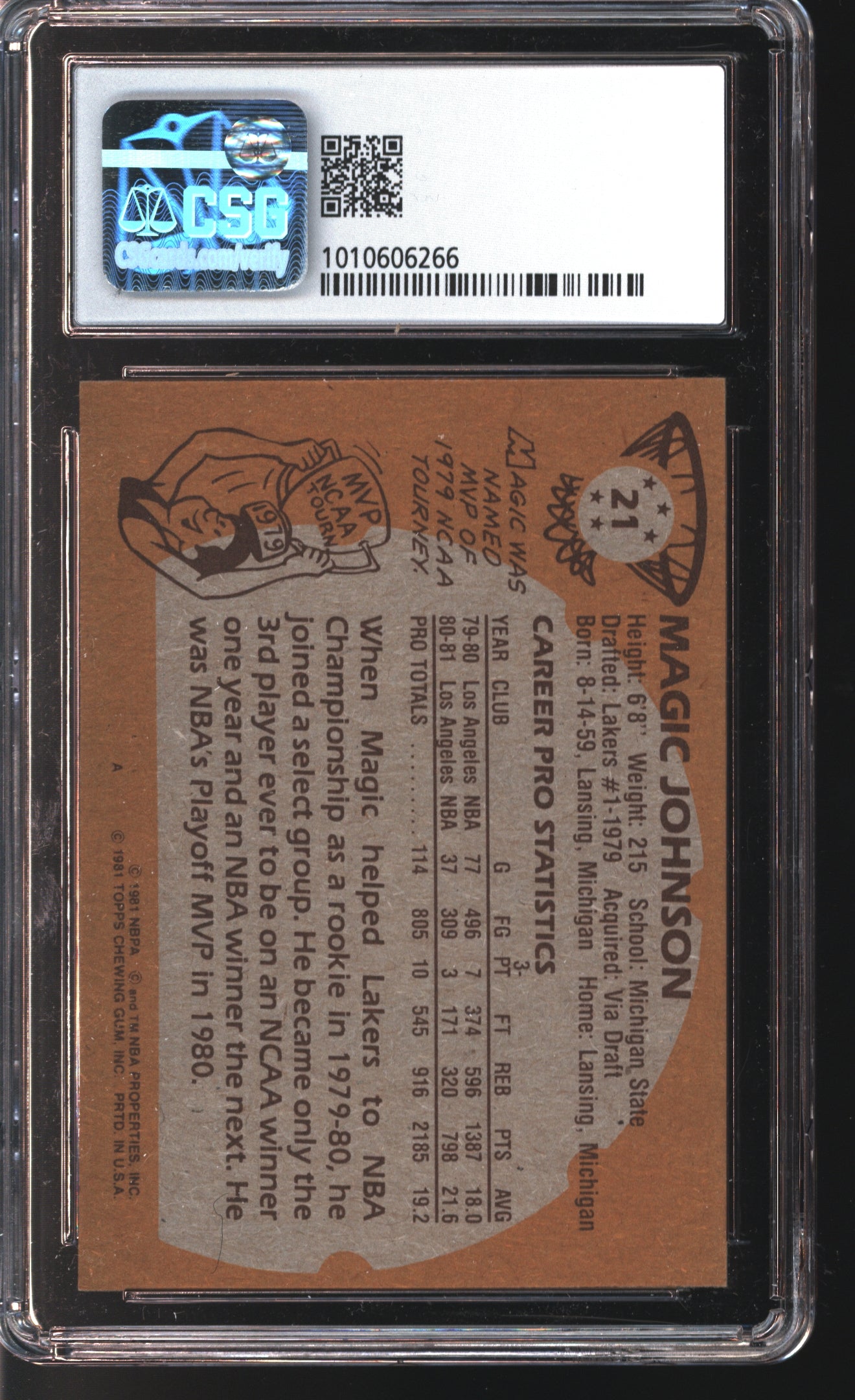 1981-82 Topps Magic Johnson # 21 Graded CSG 5