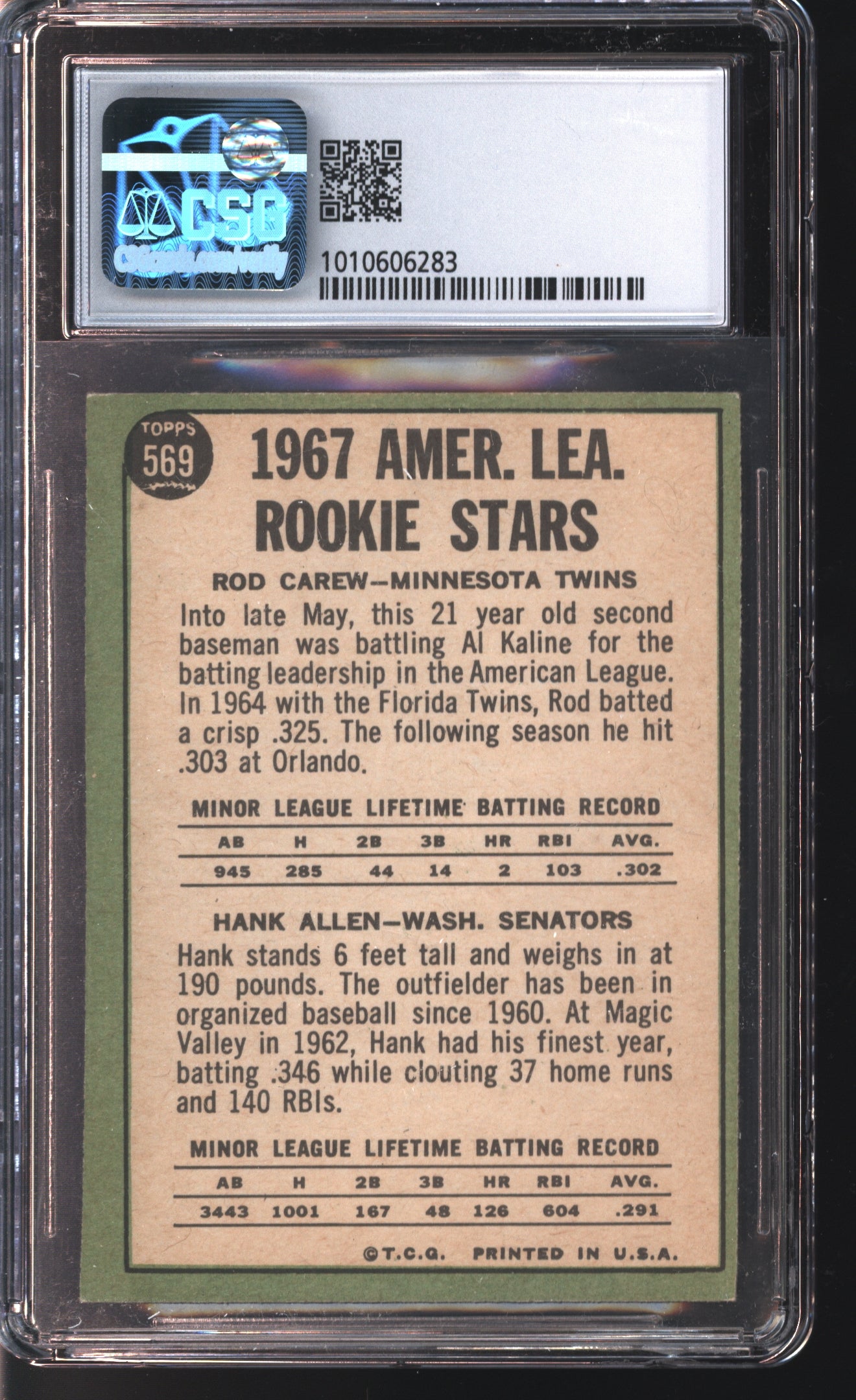 1967 Topps Rod Carew/Hank Allen Rookie Stars #569 Graded CSG 5.5