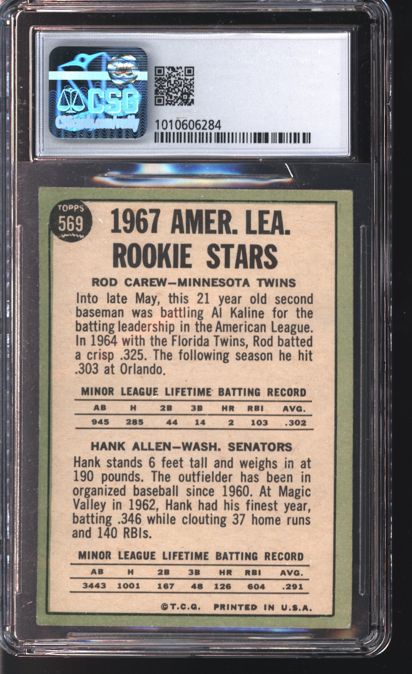 1967 Topps Rod Carew/Hank Allen Rookie Stars #569 Graded CSG 5