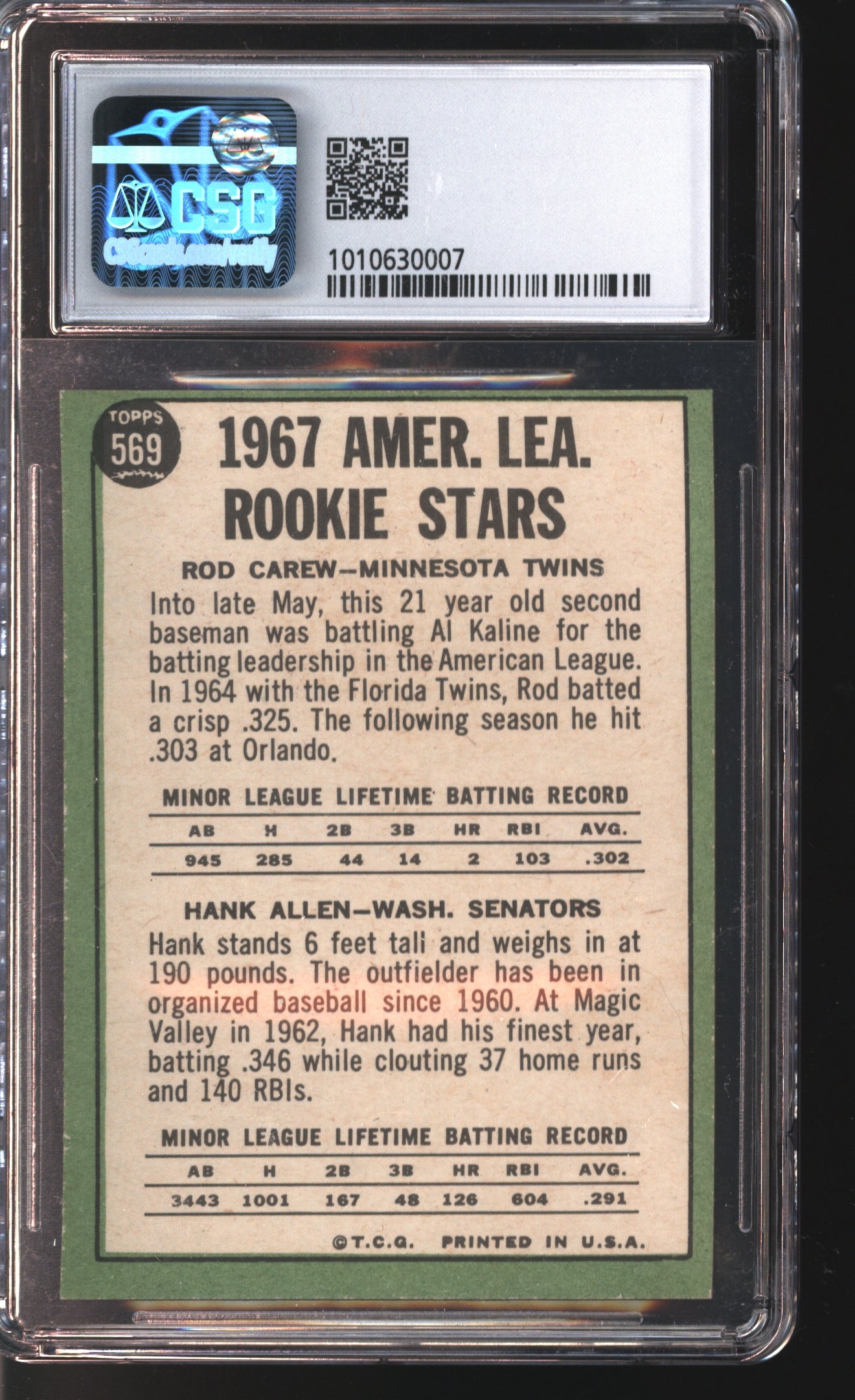 1967 Topps Rod Carew/Hank Allen Rookie Stars #569 Graded CSG 6