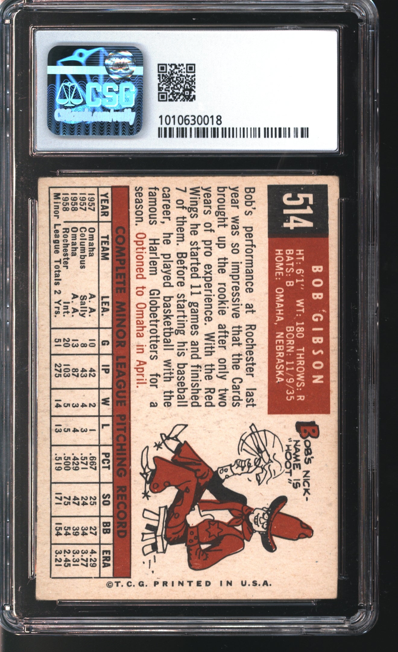 1959 Topps Bob Gibson Rookie Card #514 Graded CSG 4.5