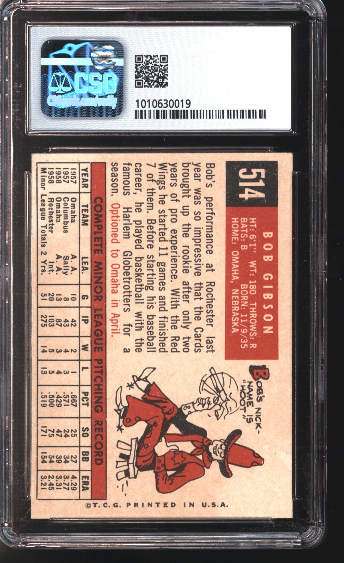 1959 Topps Bob Gibson Rookie Card #514 Graded CSG 4.5