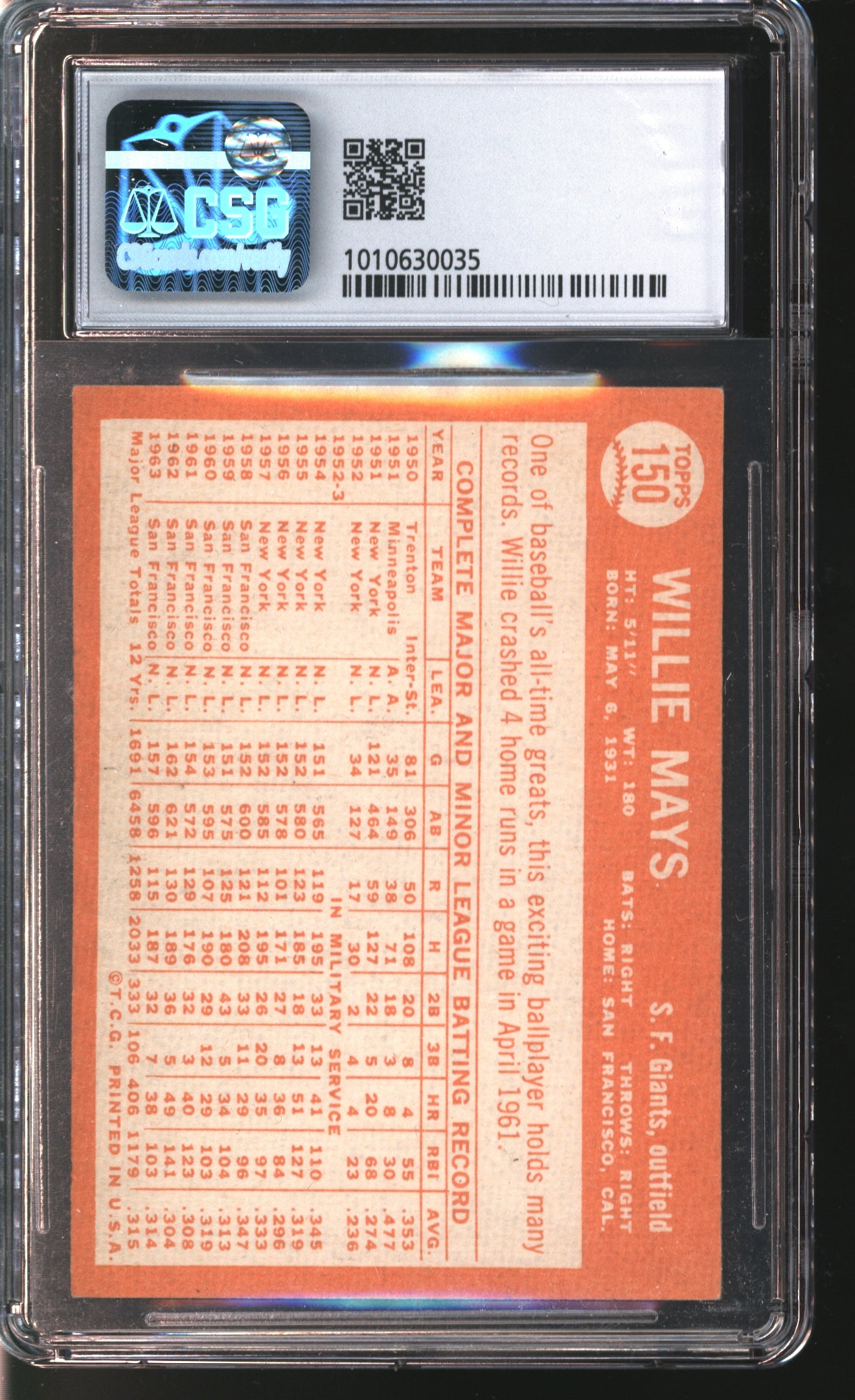 1964 Topps Willie Mays # 150 Graded CSG 5