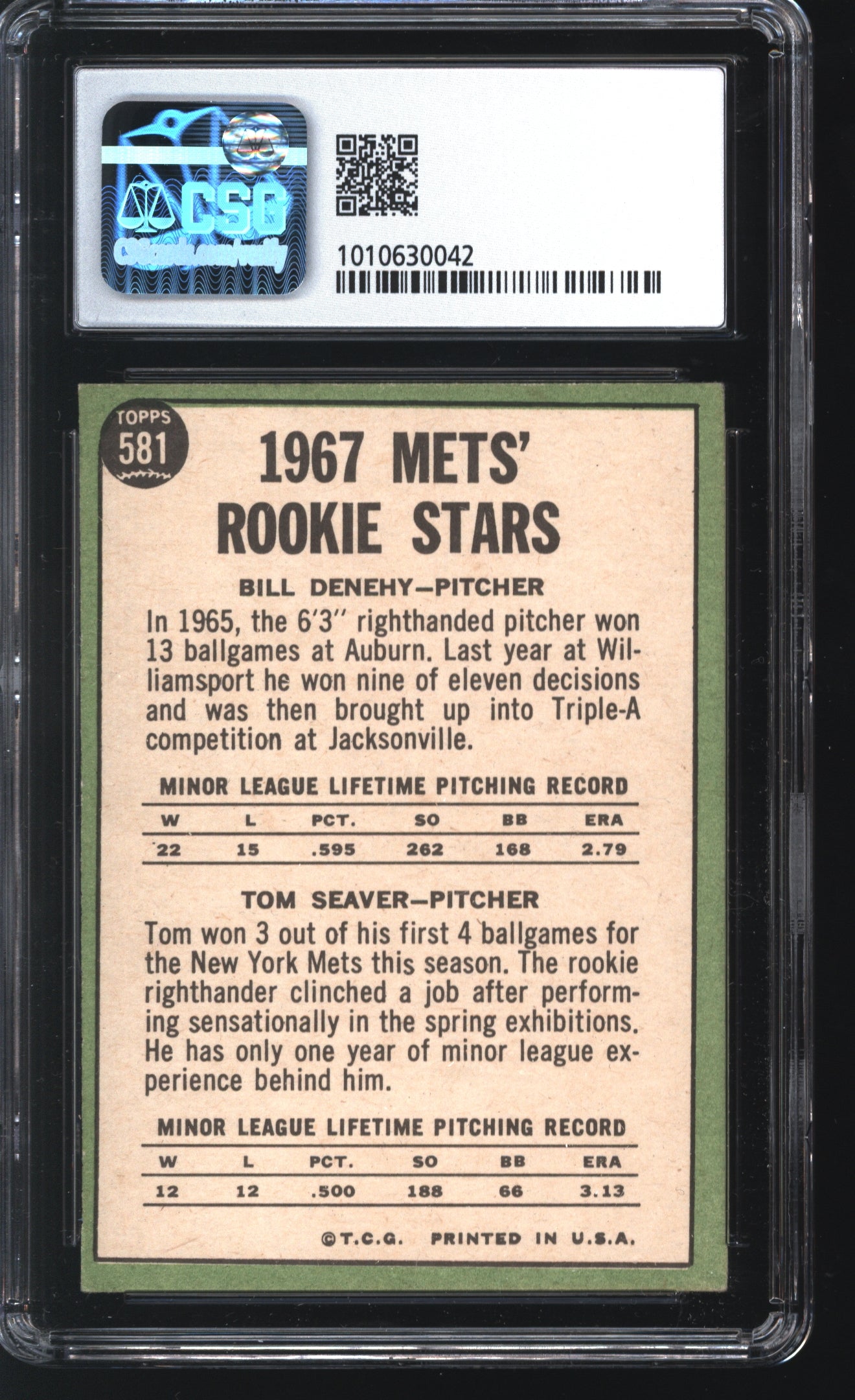 1967 Topps Bill Denehy/Tom Seaver Mets Rookie Stars #581 Graded CSG 6