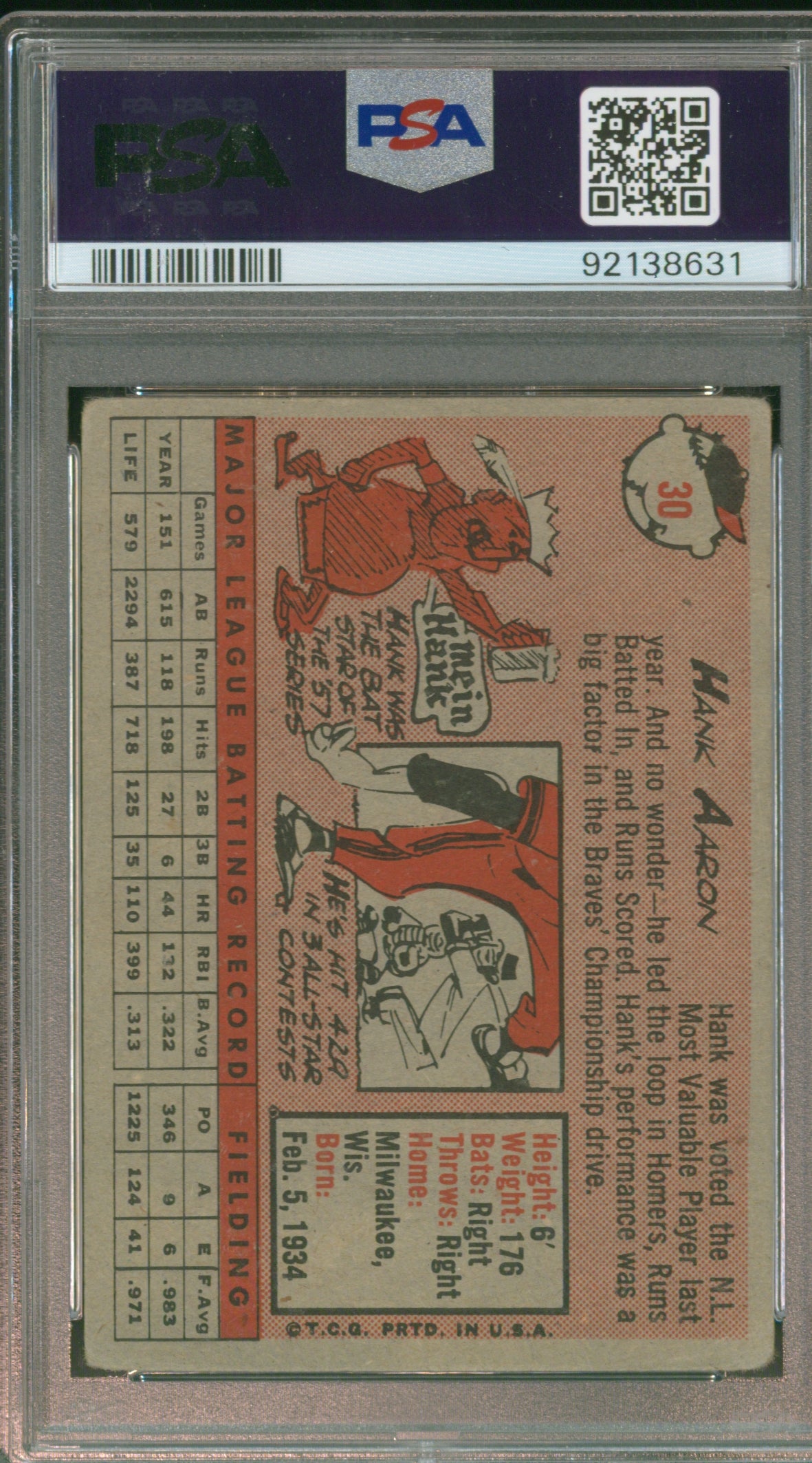 1958 Topps Hank Aaron White Name # 30 Graded PSA 2